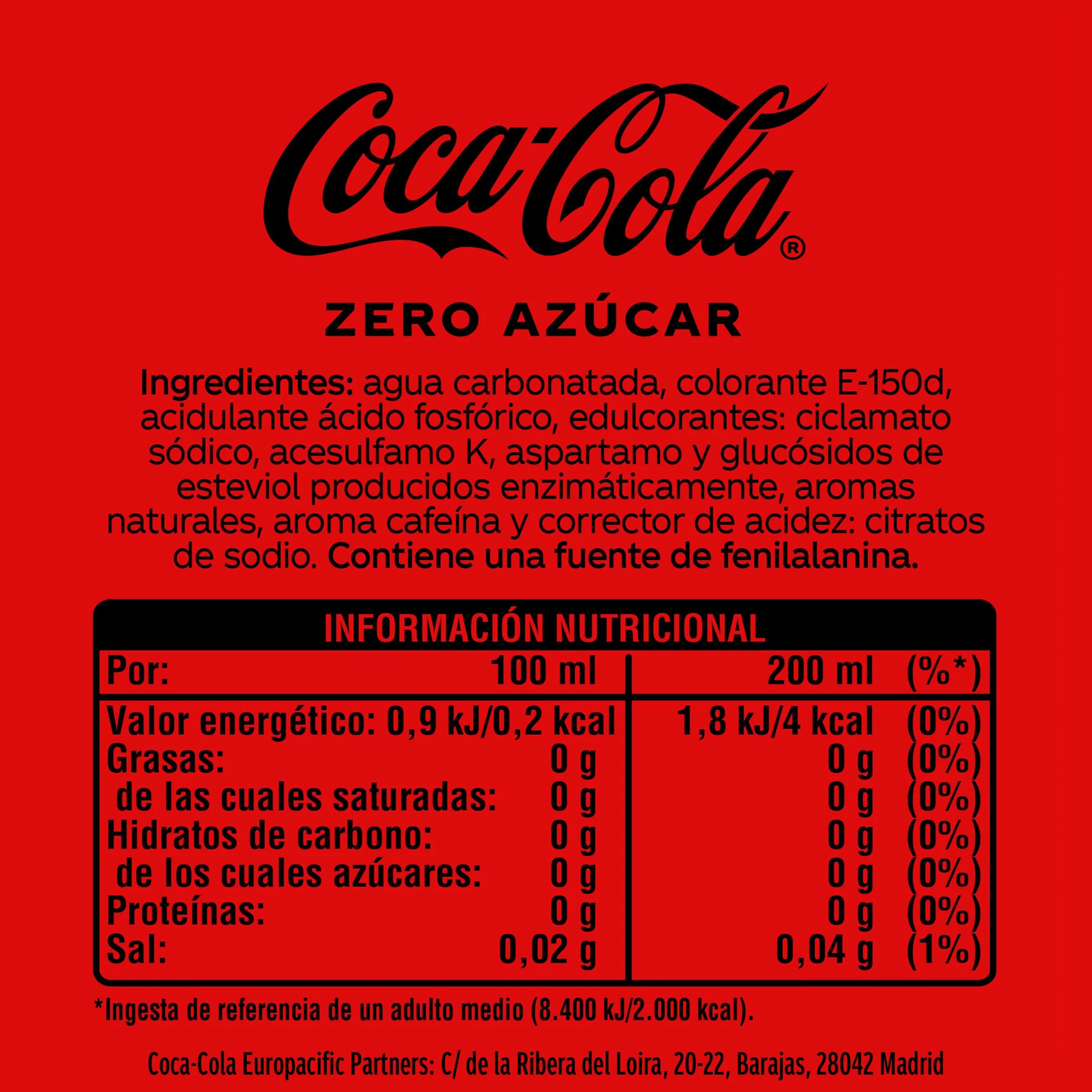 Coca-Cola Zero Azúcar, Refresco de Cola sin Azúcar, Bajo en Calorías, Pack 6 Mini Latas 200 ml