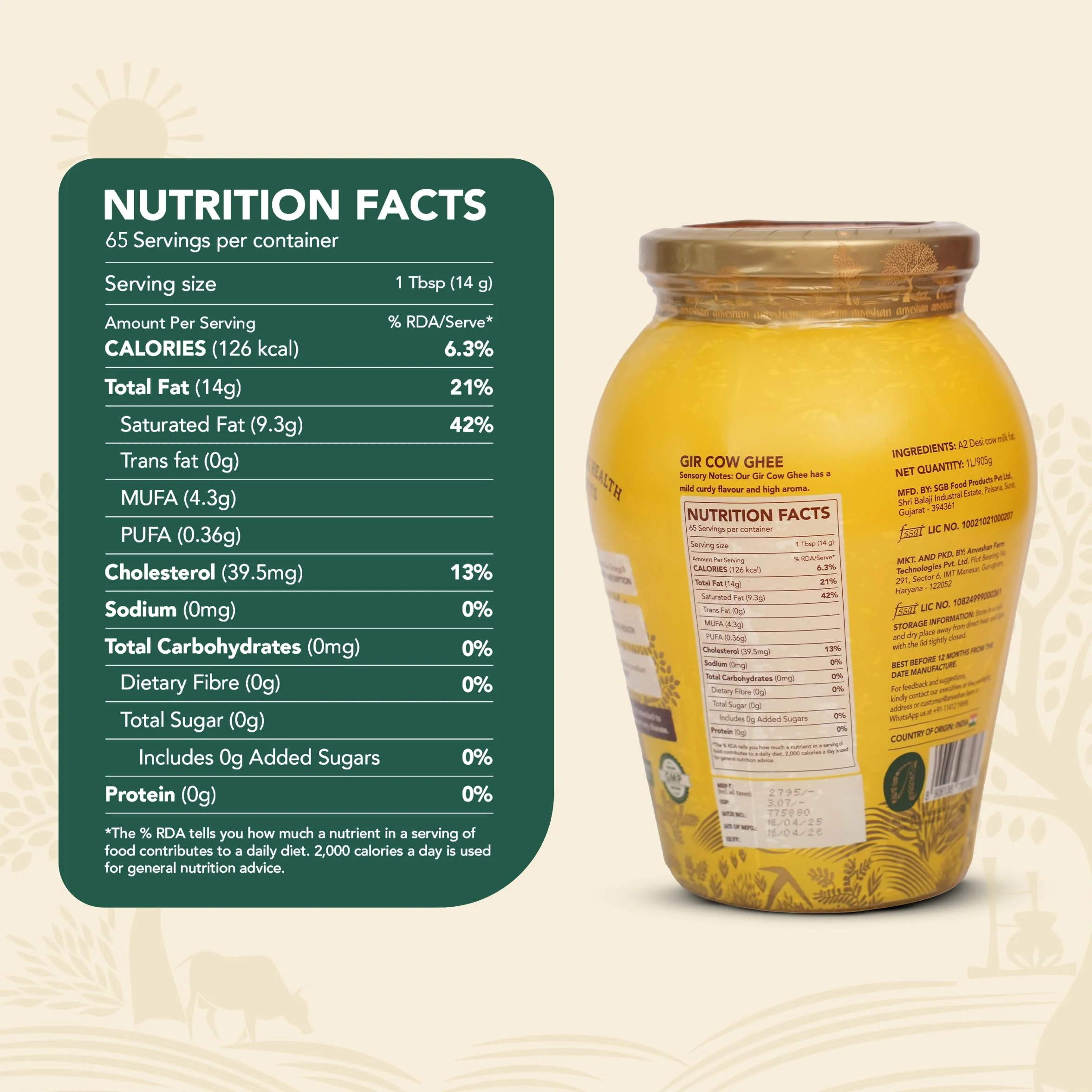 Anveshan Método Ghee Bilona de vaca Gir A2, 1 litro, método tradicional Bilona, cultivado, potenciador de inmunidad, puro, natural, saludable, fresco, sin lactosa y sin gluten