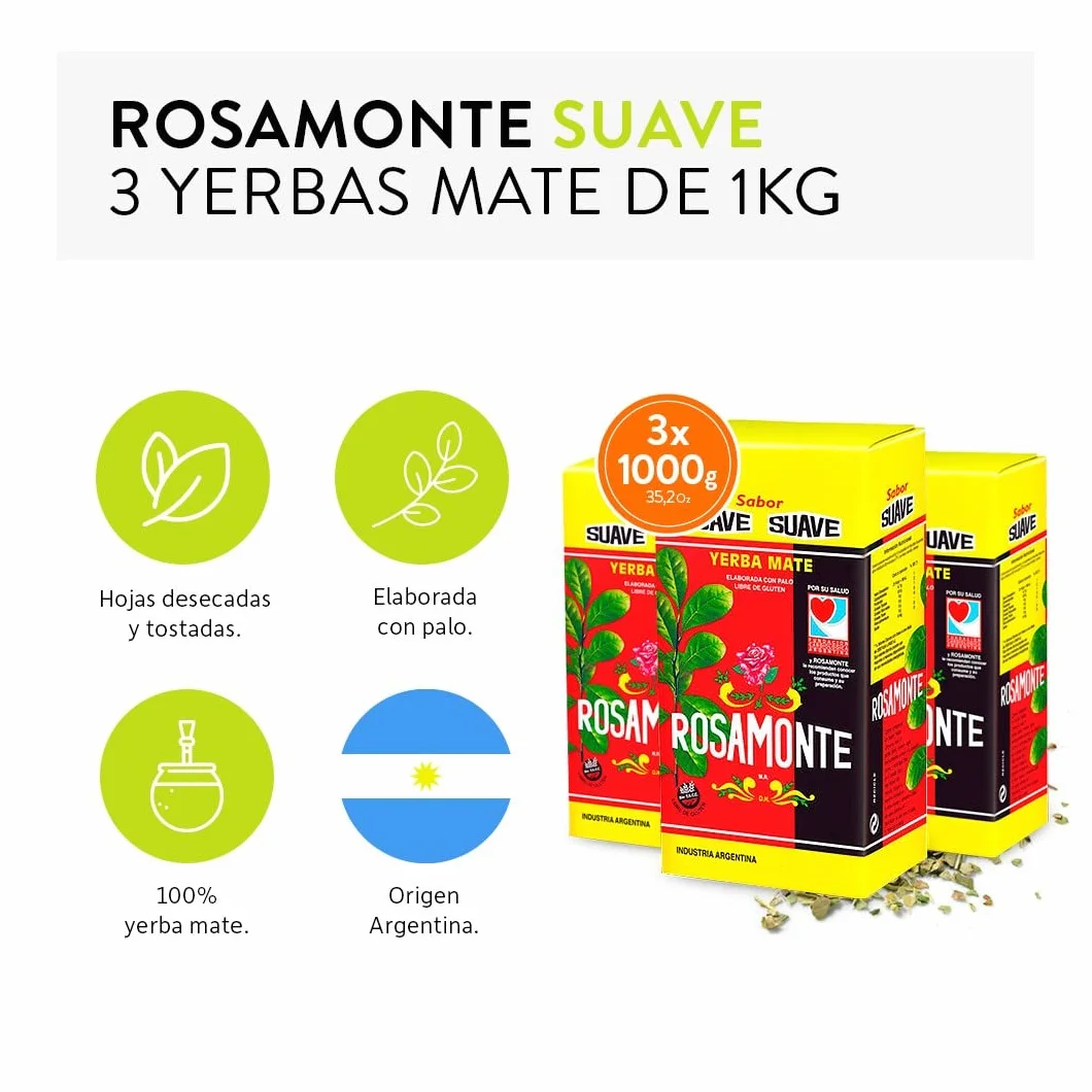 Pack de Yerba Mate Rosamonte Suave 1Kg - 3 Unidades - Total 3 Kg de Yerba Mate