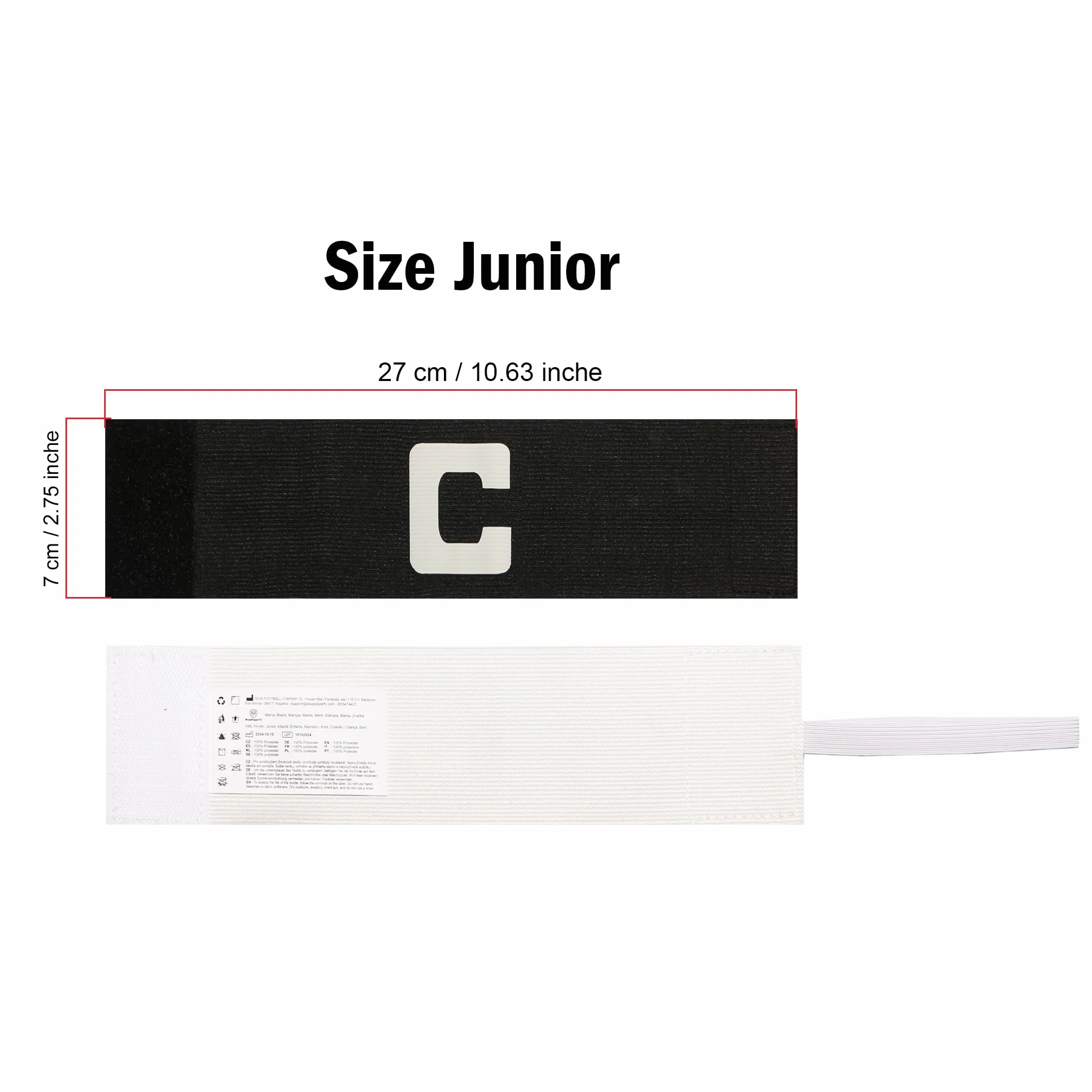 Brazalete de Capitán de Fútbol Infantil, 2 Cintas Blanco y Negro Junior