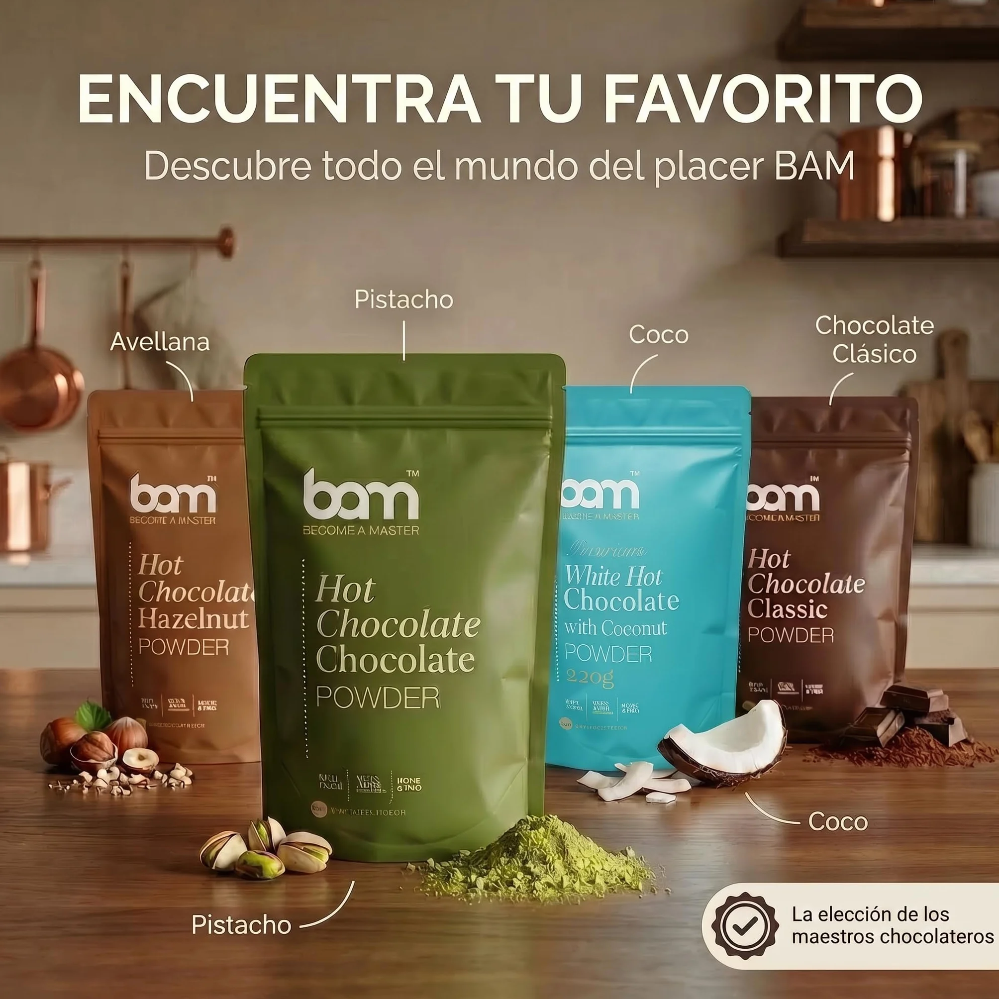 BAM Chocolate Blanco a la Taza con Avellanas, 220 g – Chocolate Caliente en Polvo – Preparado para Bebida Suave y Cremosa con Cuchara Medidora