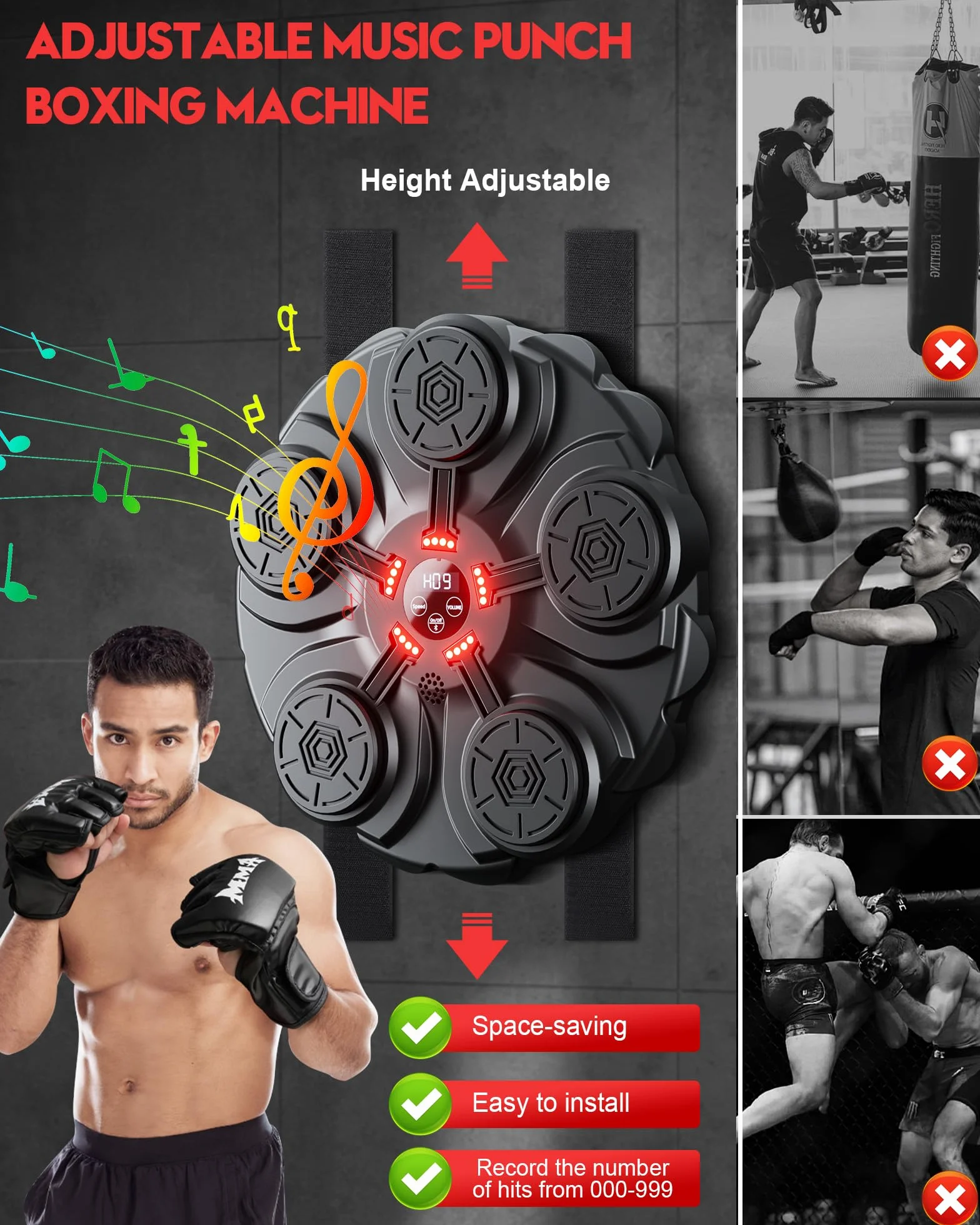Máquina de Boxeo con Música LED y Guantes - 9 Velocidades Ajustables Bluetooth para Niños