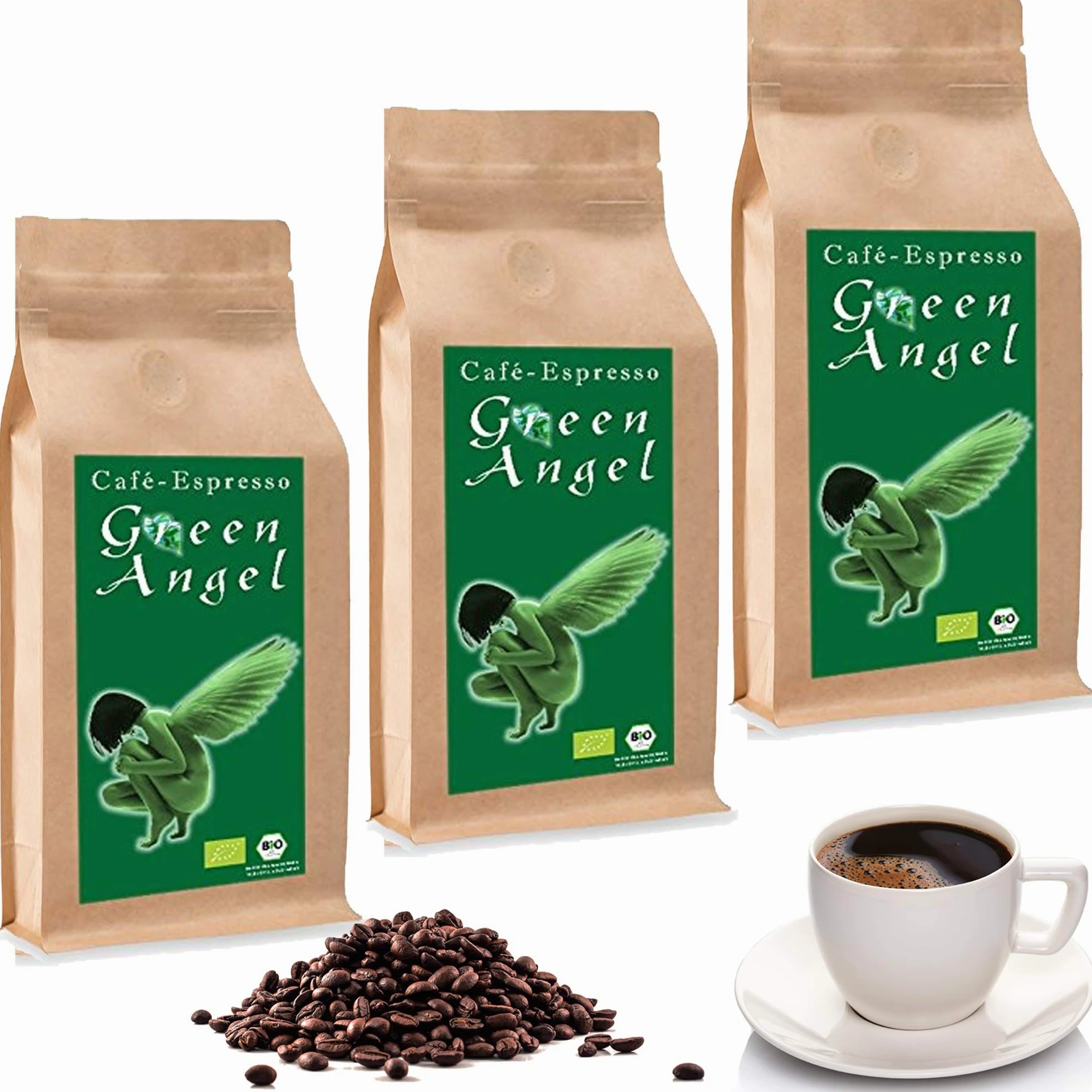 C&T Bio Green Angel Espresso Deluxe - Juego de 3 bolsitas de grano de café entero, 1000 g, fruta - Café ecológico de la popular serie Espresso Angel