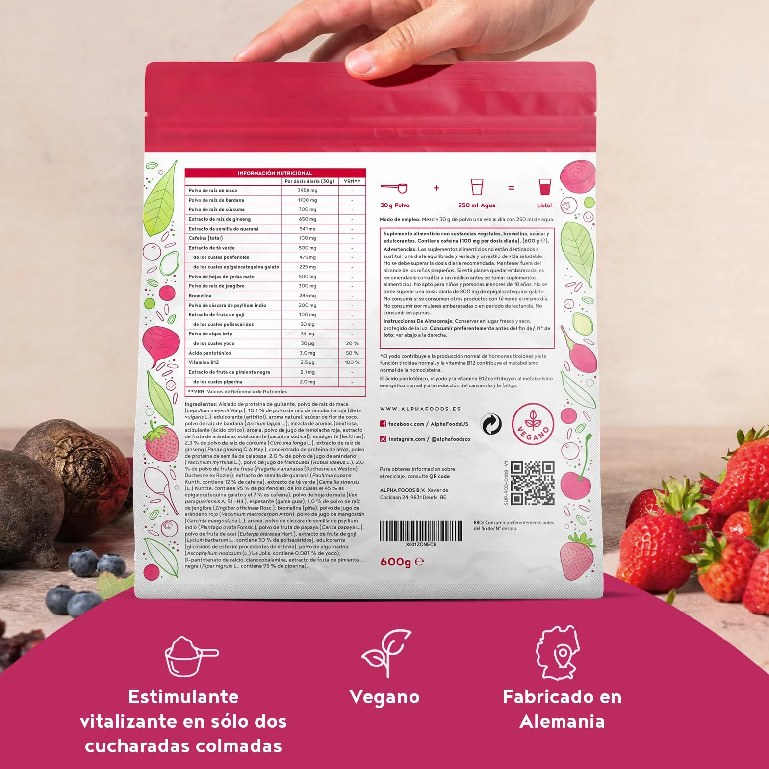 Elixir Energético | 600 Gramos | Superfood Smoothie Powder con raíces y bayas: Maca, Cúrcuma, Guaraná, Yerba Mate, Frambuesas, Açai, Bayas de Goji | Alternativa al Café | Alpha Foods