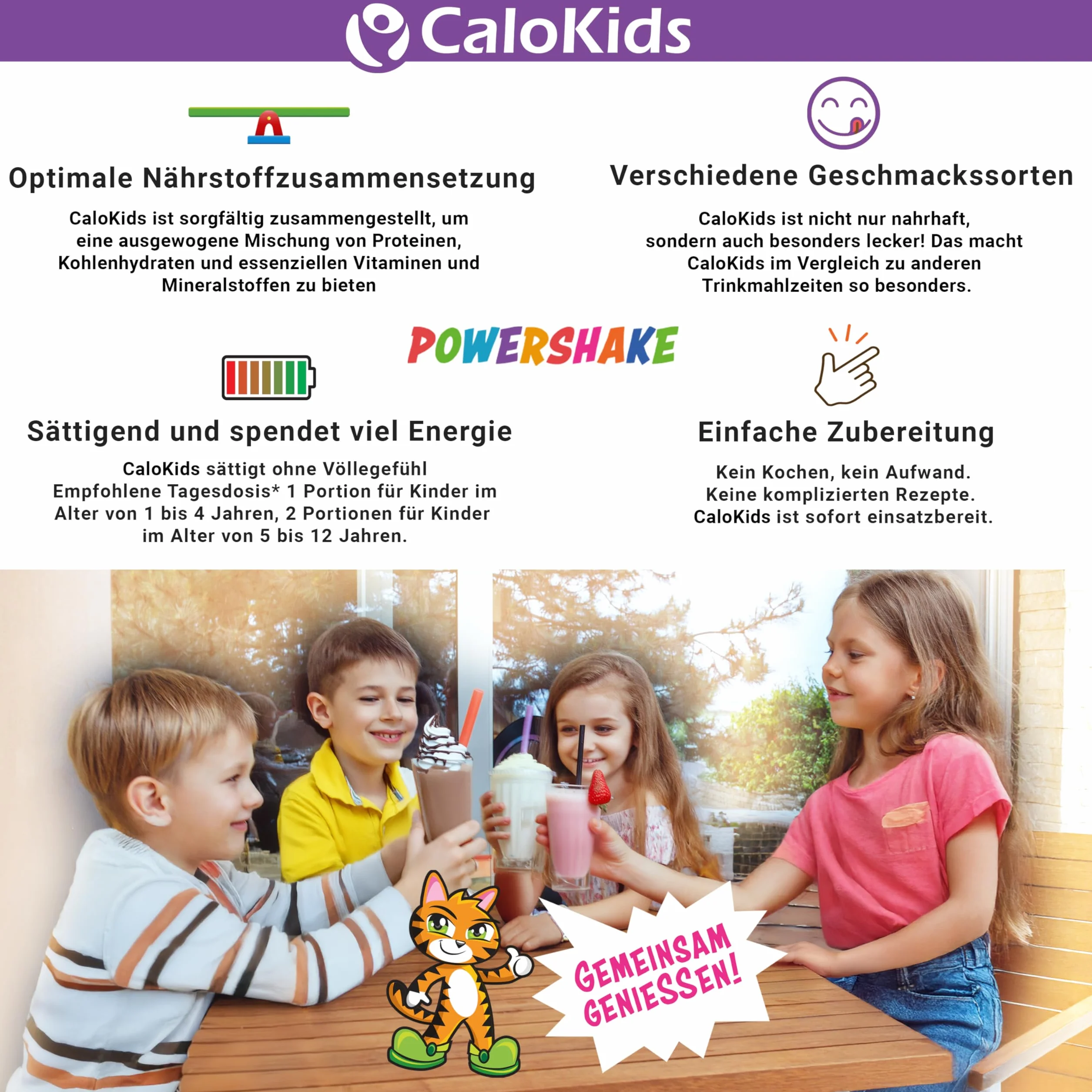 Beber Alimentos Niños Powershake Suplemento Dietético para Niños de 1-12 Años | 27 Vitaminas Minerales y Proteínas para apoyar el Desarrollo del Crecimiento y el Sistema Inmunológico | CaloKids (500 g