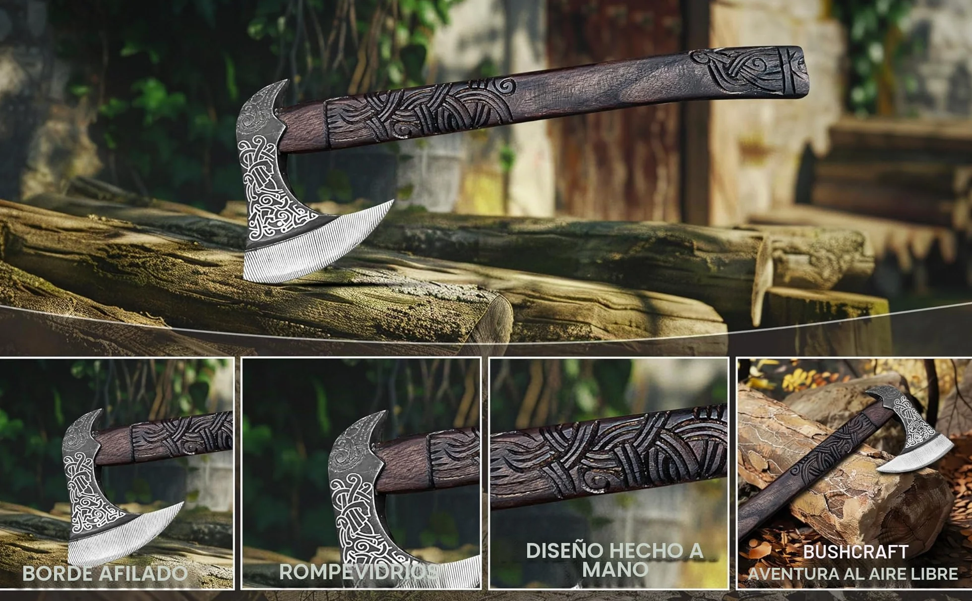 Hacha vikinga de lujo forjada a mano de acero al carbono y madera de fresno | Arte nórdico grabado