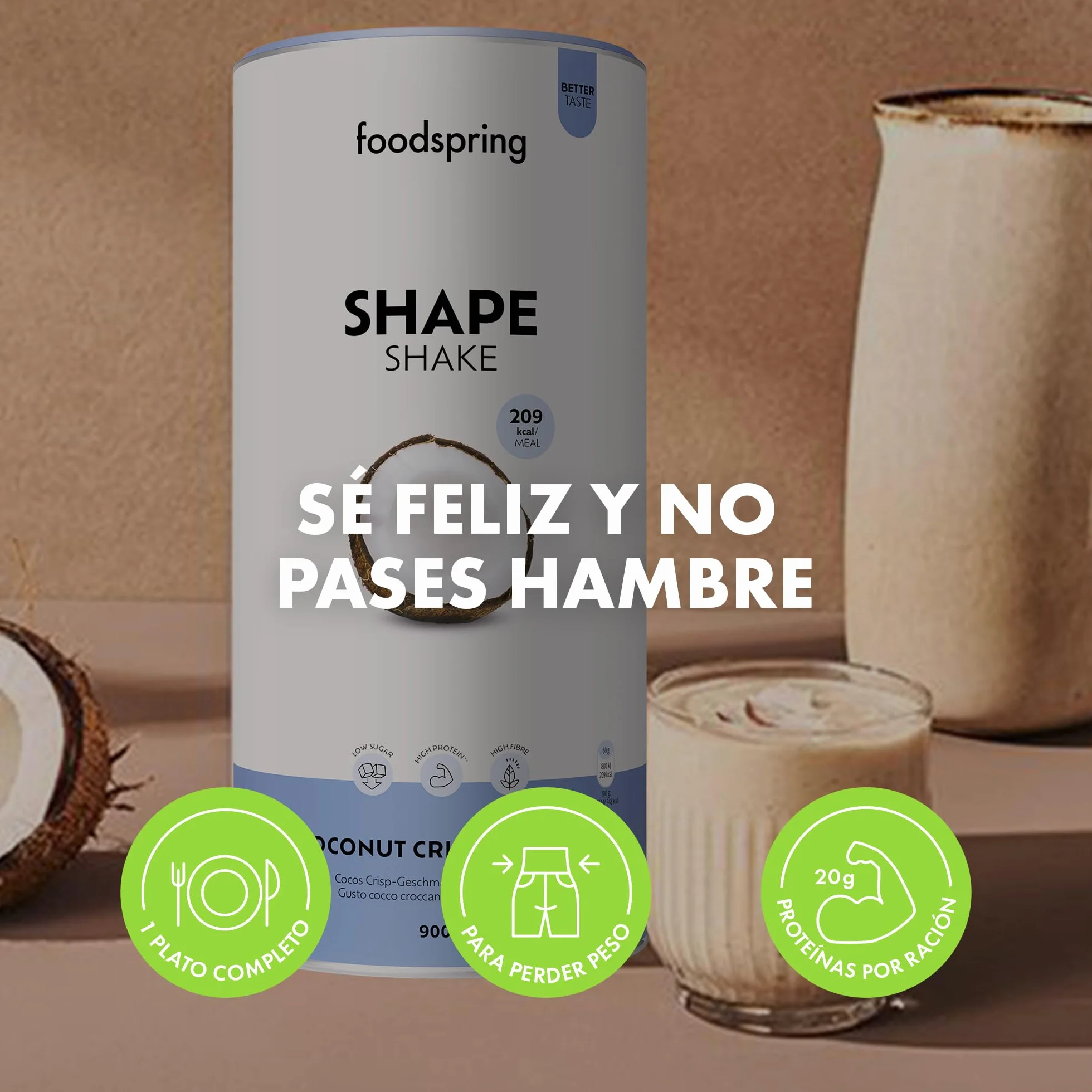 foodspring Shape Shake Cocos Crisp - batido completo, sustitutivo de comida con proteína premium para controlar el peso, 209 kcal por ración, sin gluten - 900g