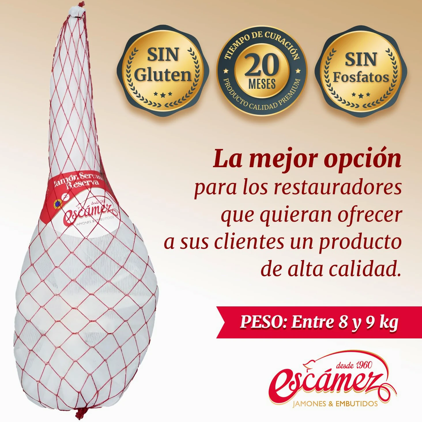 Jamon Serrano ETG Reserva C/P | Perniles de 8 a 9 kilos | Premiado al mejor Jamón 2020 | Jamón Serrano de Curación Superior a 20 meses | Sin Gluten