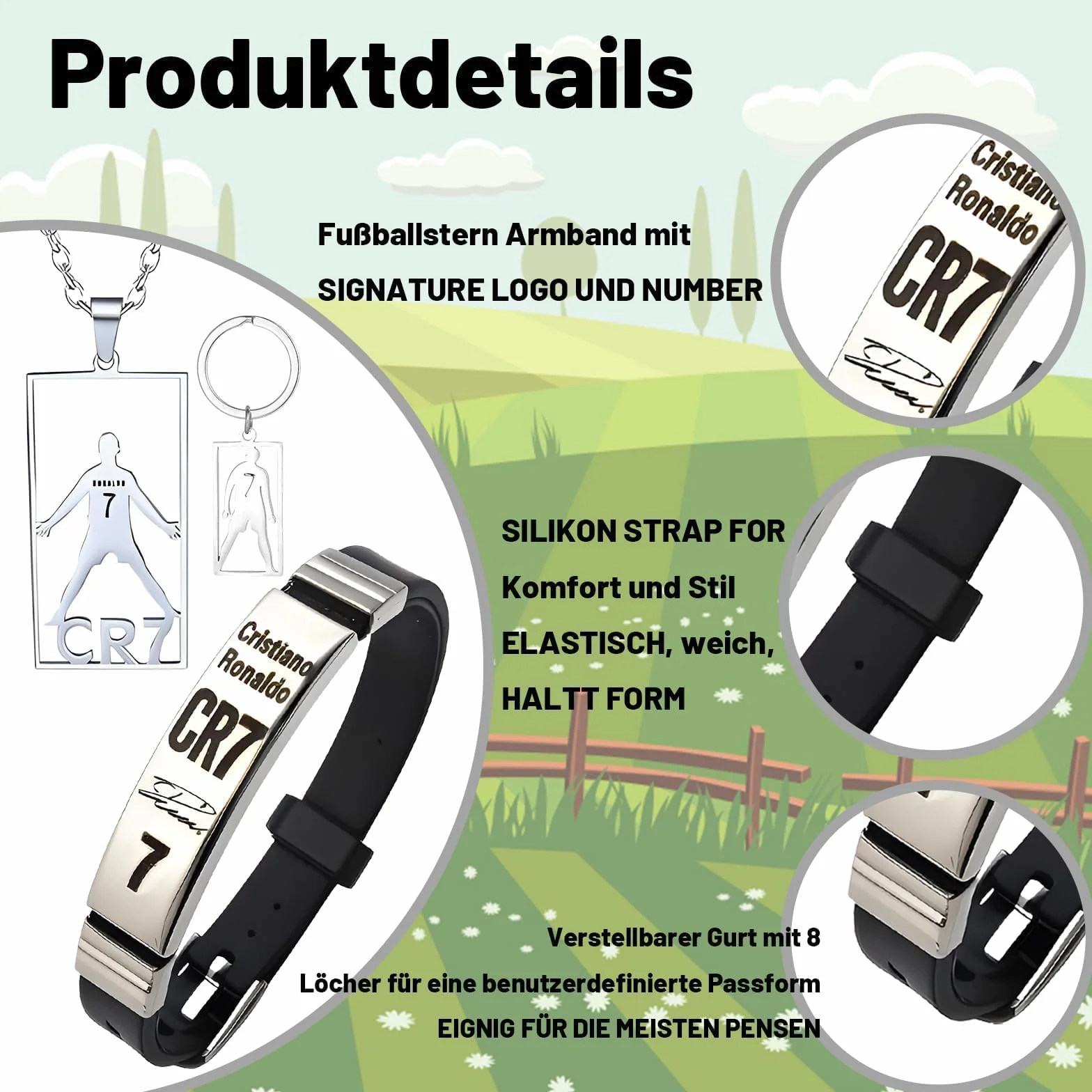 Juego de accesorios de fútbol CR7 3 piezas pulsera collar llavero