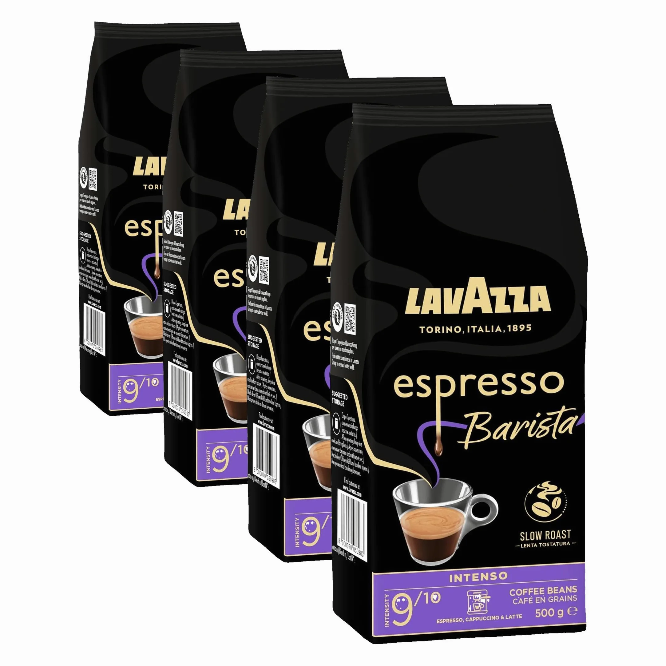 Lavazza, Espresso Barista Intenso, Café en Grano Natural Tostado, Ideal para Máquina de Café Espresso o Superautomática, con Notas Aromáticas de Cacao y Madera, Intensidad 9/10, Tueste Medio, 500 g