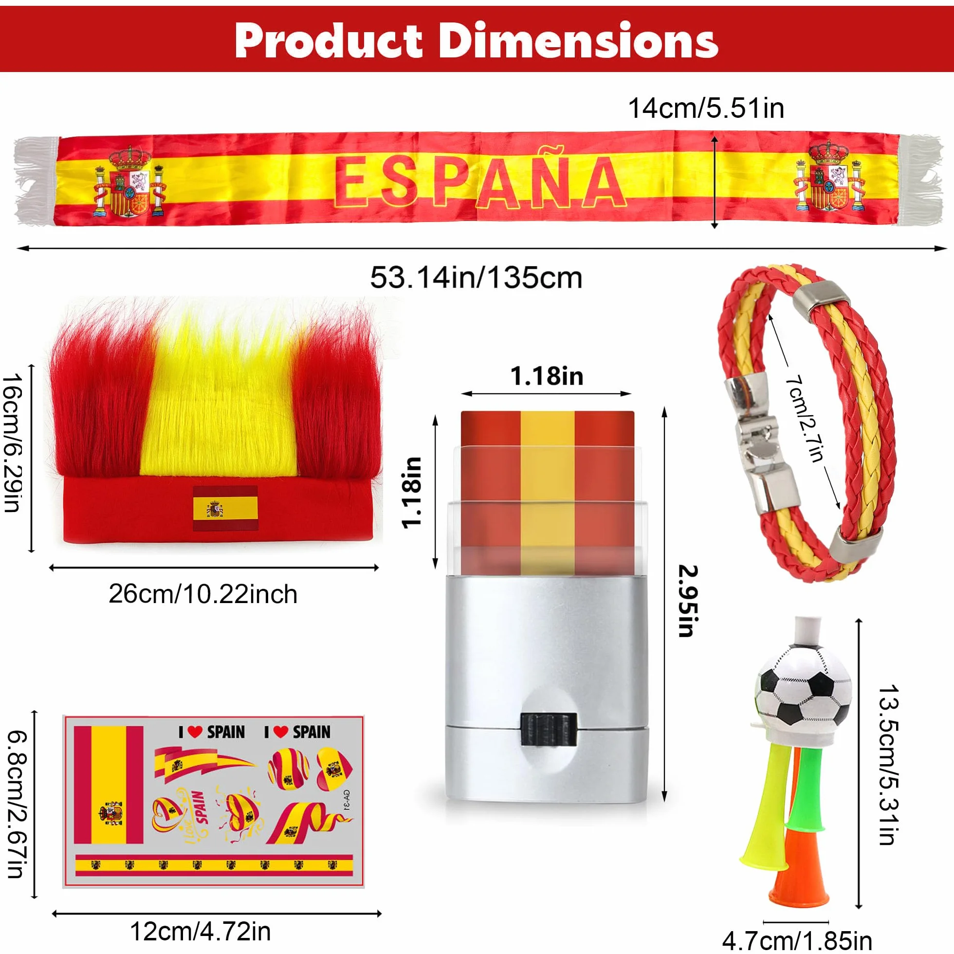 Bufanda y accesorios para fans Copa del Mundo 2026, juego 6 piezas, rotulador maquillaje, diadema, pulsera, cuerno, tatuaje