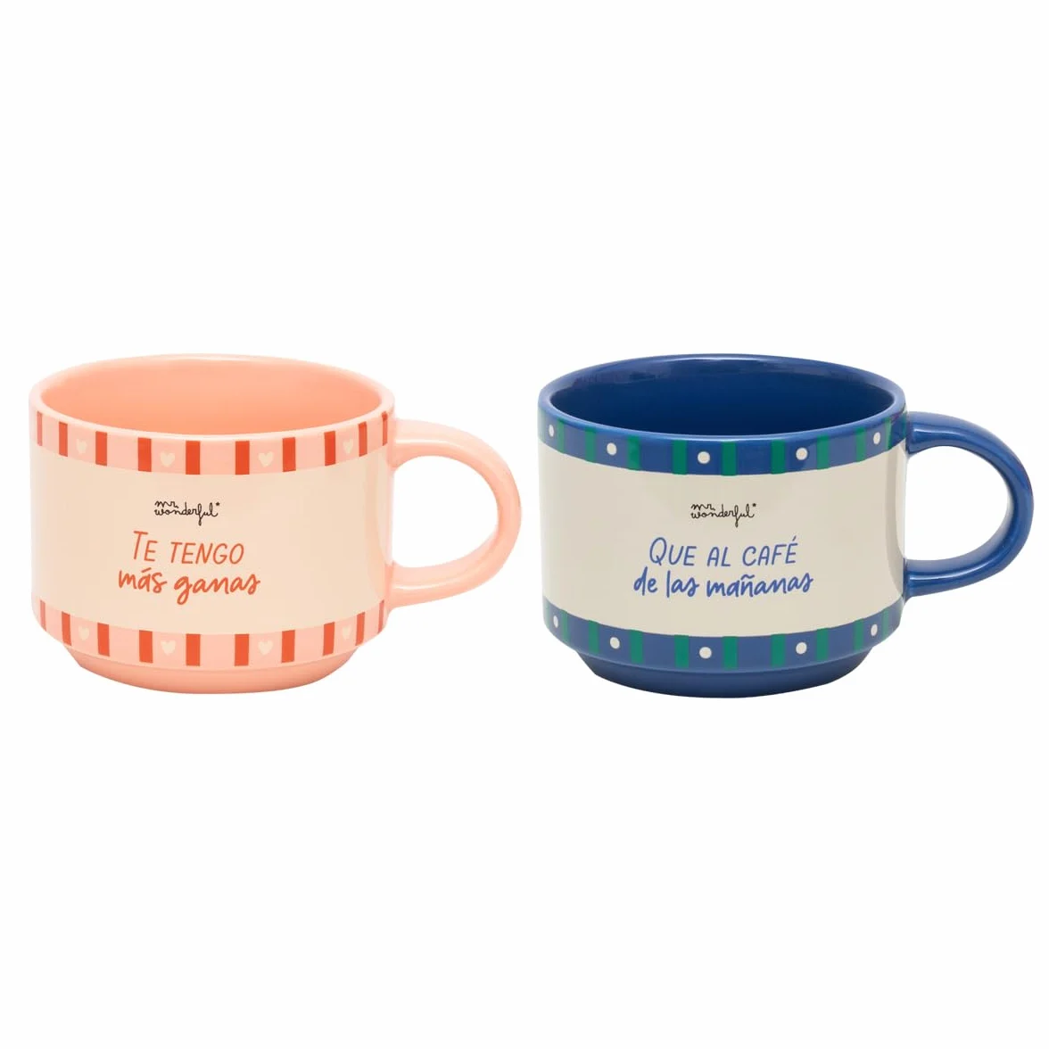 Mr. Wonderful - Set de 2 tazas apilables - Te tengo más ganas que al café de las mañanas - Taza personalizada con mensaje de amor - 370 ml