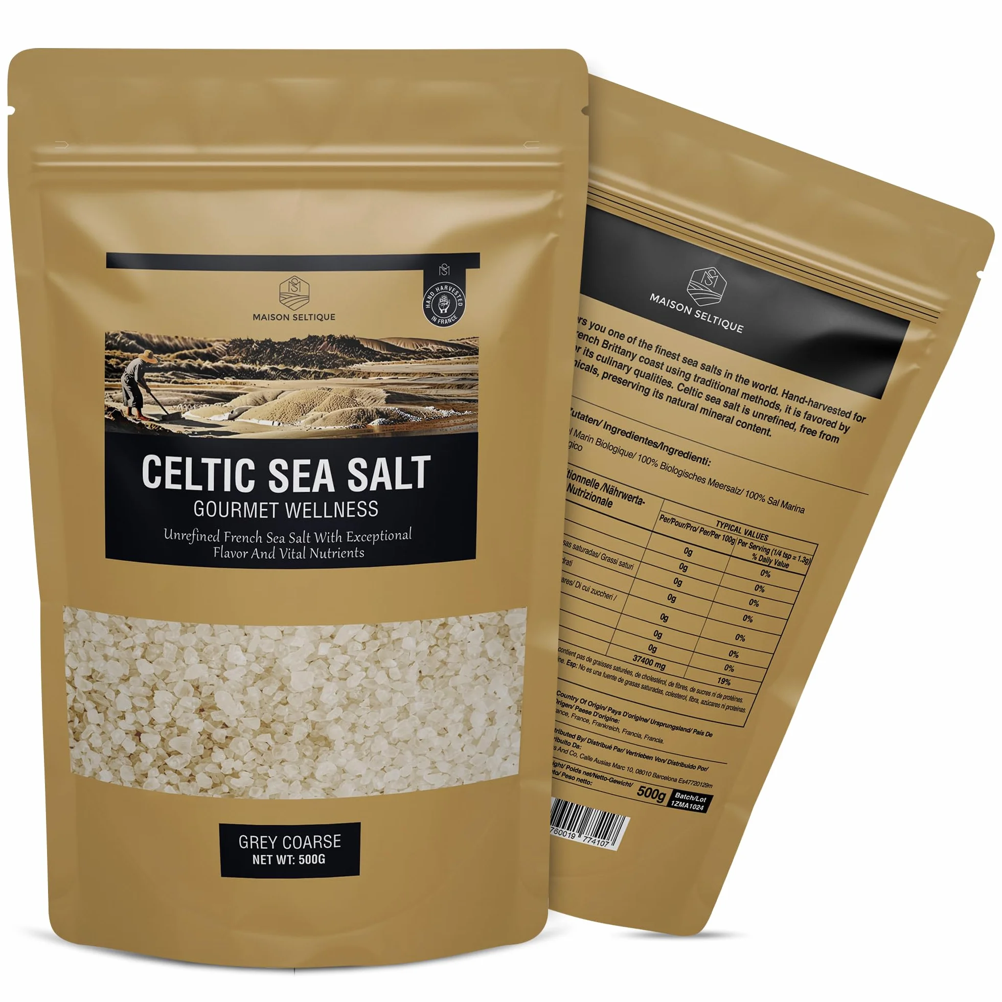 Maison Seltique Celtic Sea Salt, 100% Natural, Sal Celta Cosechada a mano, Artesanal - Pura y Sin Refinar | Sal Marina sin aditivos| Bolsa Resellable | Ideal para Cocina Gourmet y Saludable (500gr)