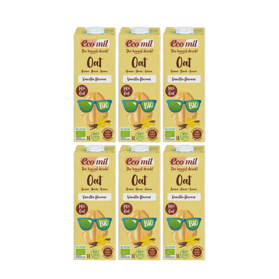 Ecomil - Bebida Vegetal de Avena y Vainilla Bio, Pack 6 x 1 L, Sin Azúcares Añadidos, Ecológica y Vegana, Lista para Consumir, Sabor Suave y Natural
