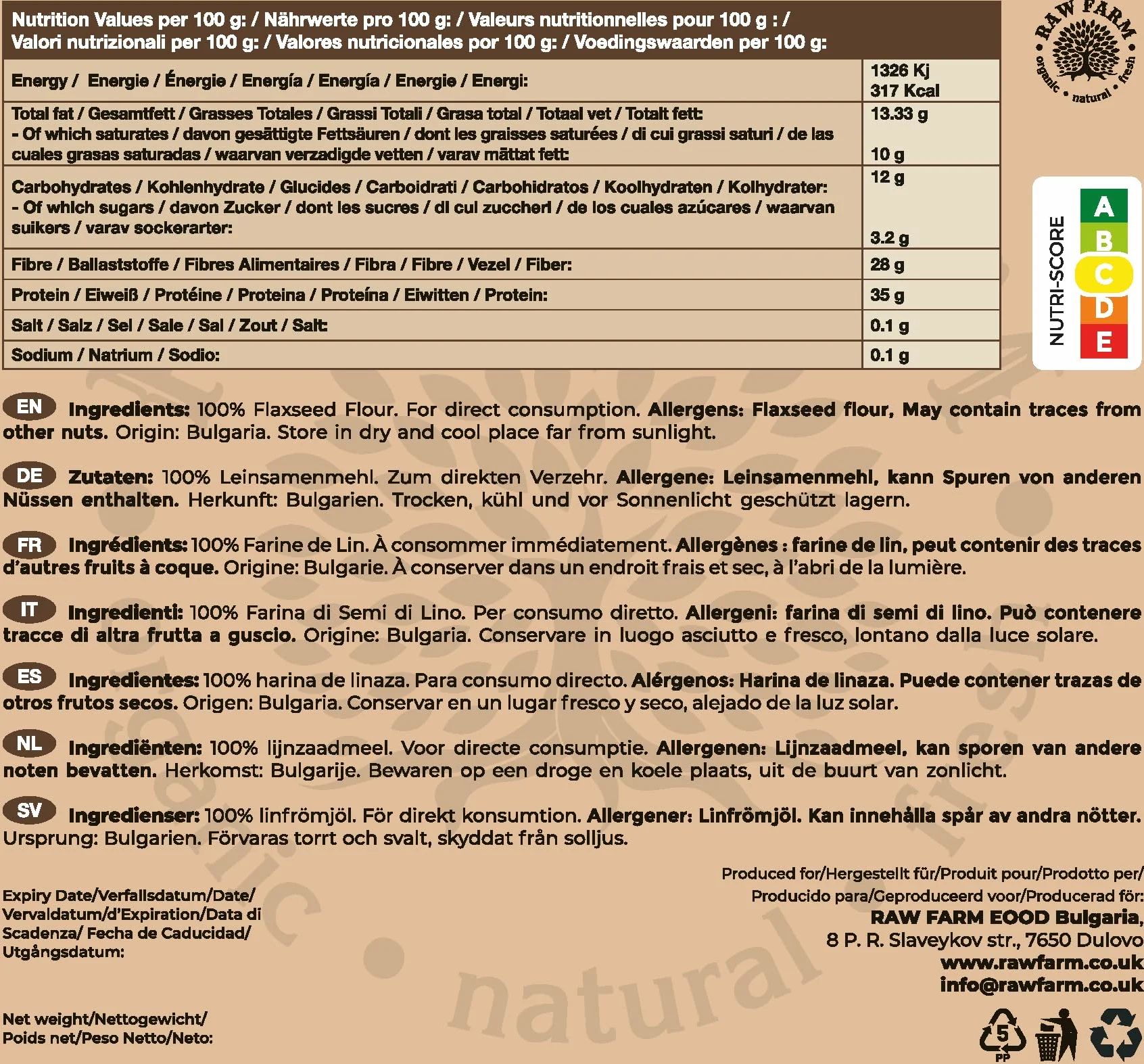 Raw Farm - Harina de Semillas de Lino - 1kg - 100% Pura, Sin Gluten, Rica en Proteínas, Baja en Carbohidratos, Sin Frutos Secos, Para Hornear, Cocinar y Smoothies