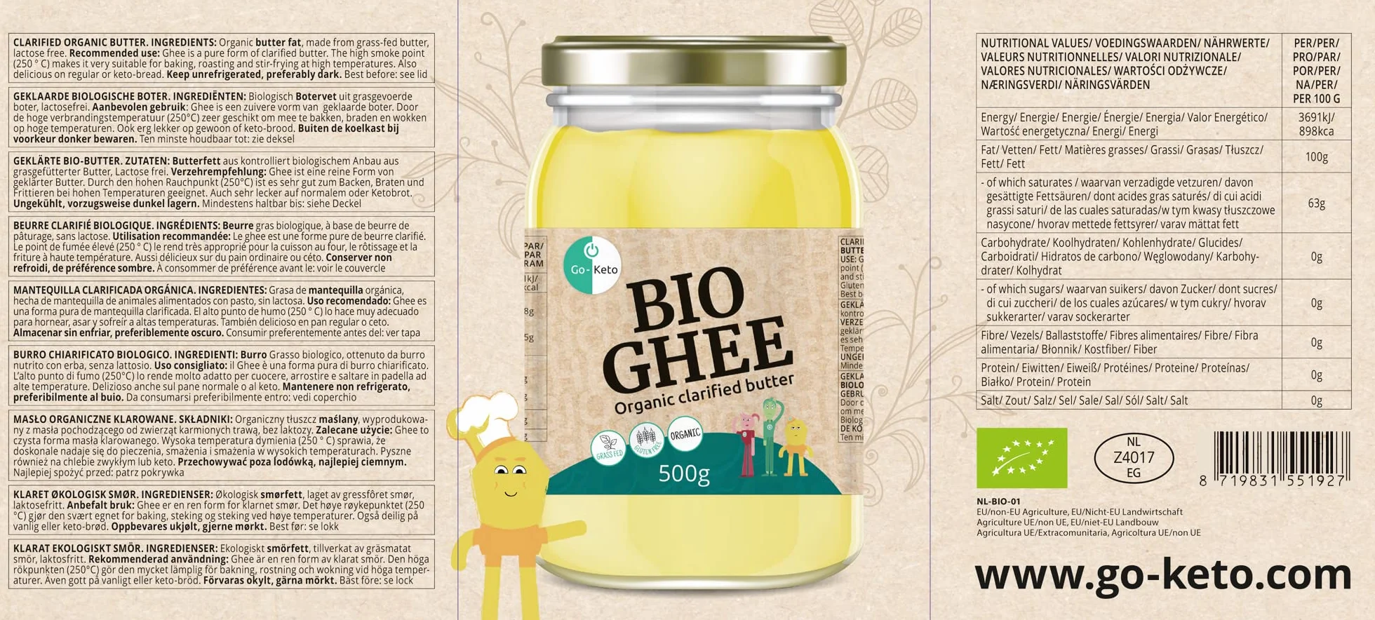 Go-Keto BIO Ghee, 500g | Mantequilla 100% clarificada, certificada BIO, Ayurveda | perfecto para la dieta cetogénica | ideal para hornear y asar | Sin lactosa, sin gluten, bajo en carbohidratos