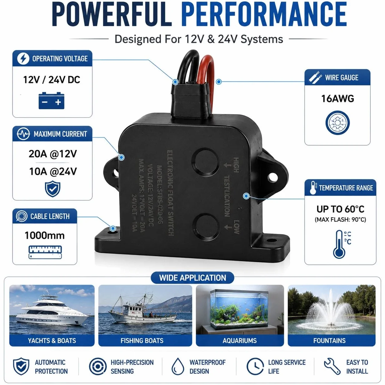 Sensor de bomba de sentina marina 24V Alarma automática Interruptor de flotador Nivel de agua para yates