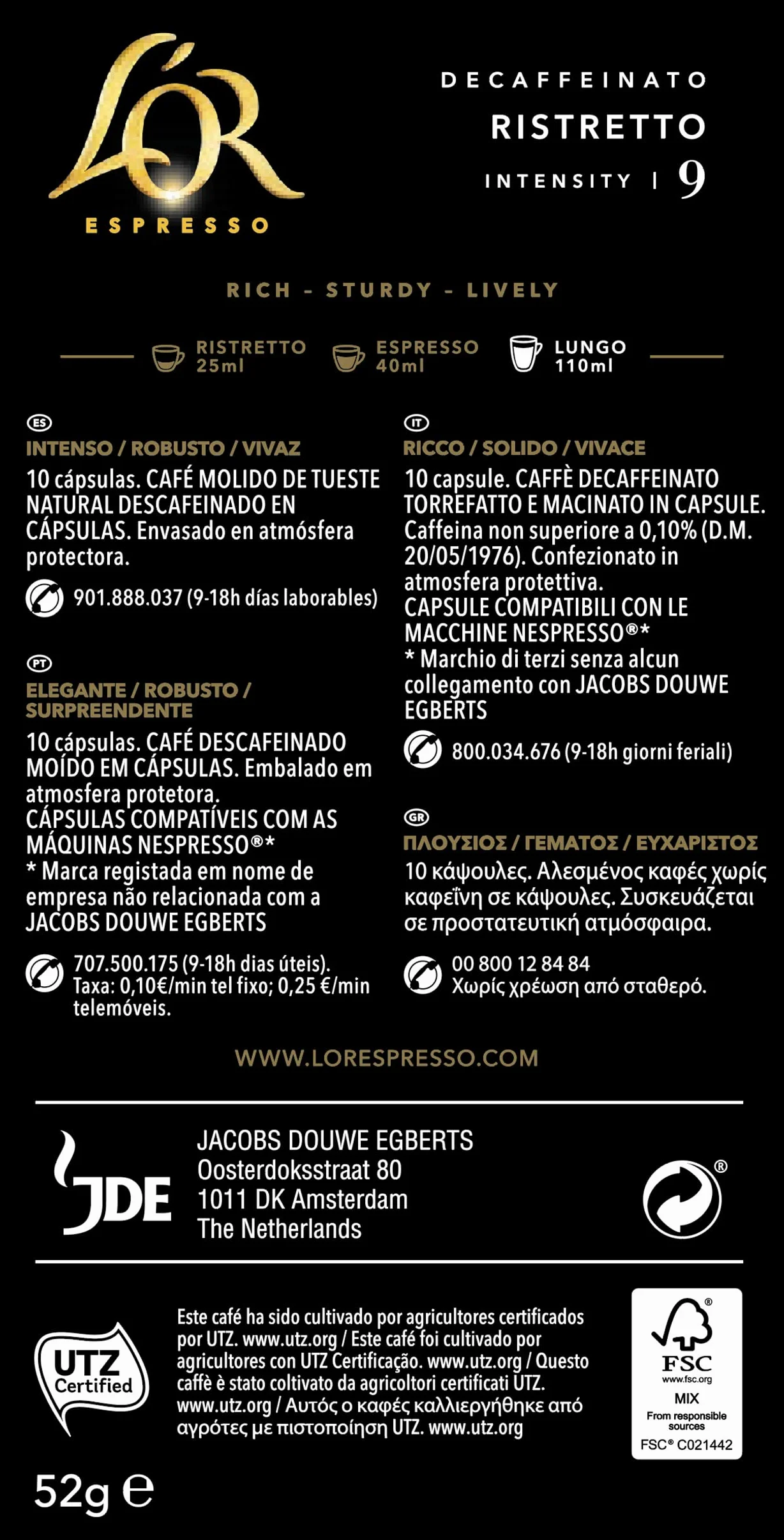 L'OR Espresso Cápsulas de Café Ristretto Decaffeinato | Intensidad 9 | 100 Cápsulas Compatibles Nespresso (R)