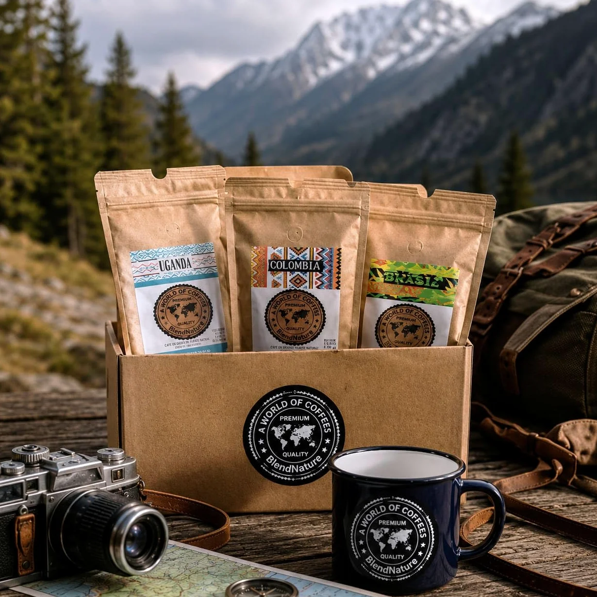 Café pack 4 x 250g en Grano - Seleccion mejores Cafes del mundo Arabicas +Brasil Colombia Etiopia y Tanzania + Caja regalo + Taza vintage - Maxima calidad avalada por la SCA