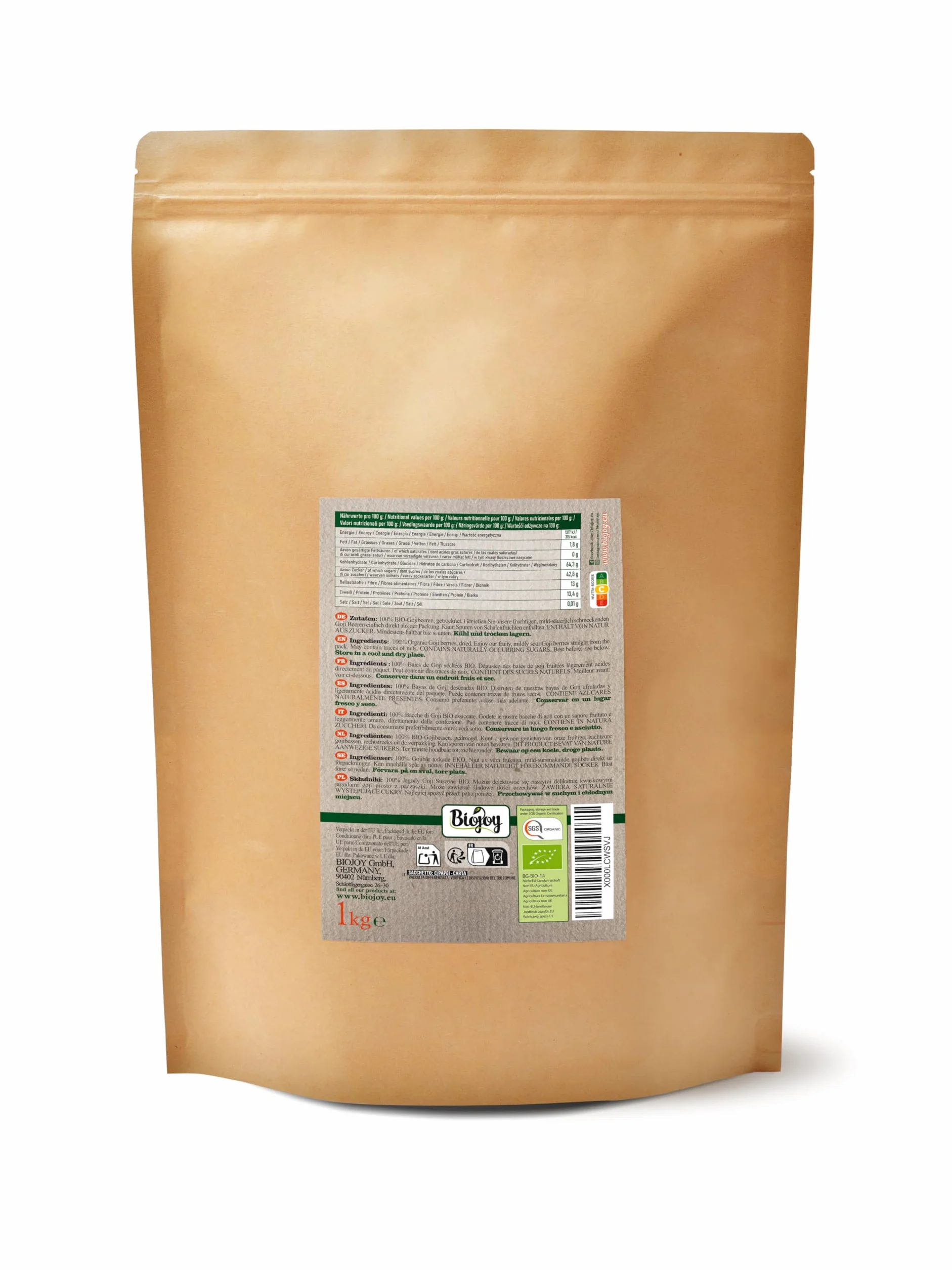 Biojoy Bayas de Goji deshidratadas Ecológicas (1 kg), sin azúcares añadidos y sin azufre