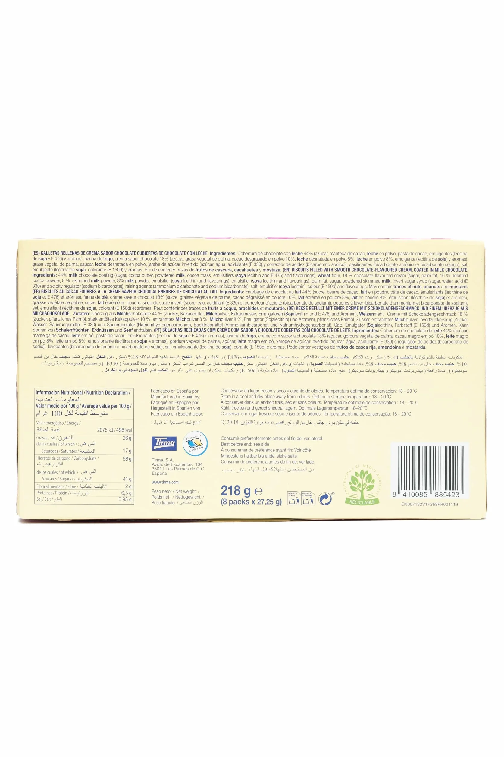 Tirma Choco Sándwich Fino de Chocolate con Leche – 8 Packs de 27,25 g (Estuche de 218 g) | Galletas Dulces con Relleno Bañadas en Chocolate con Leche | Snack Ideal para Merienda y Tentempiés
