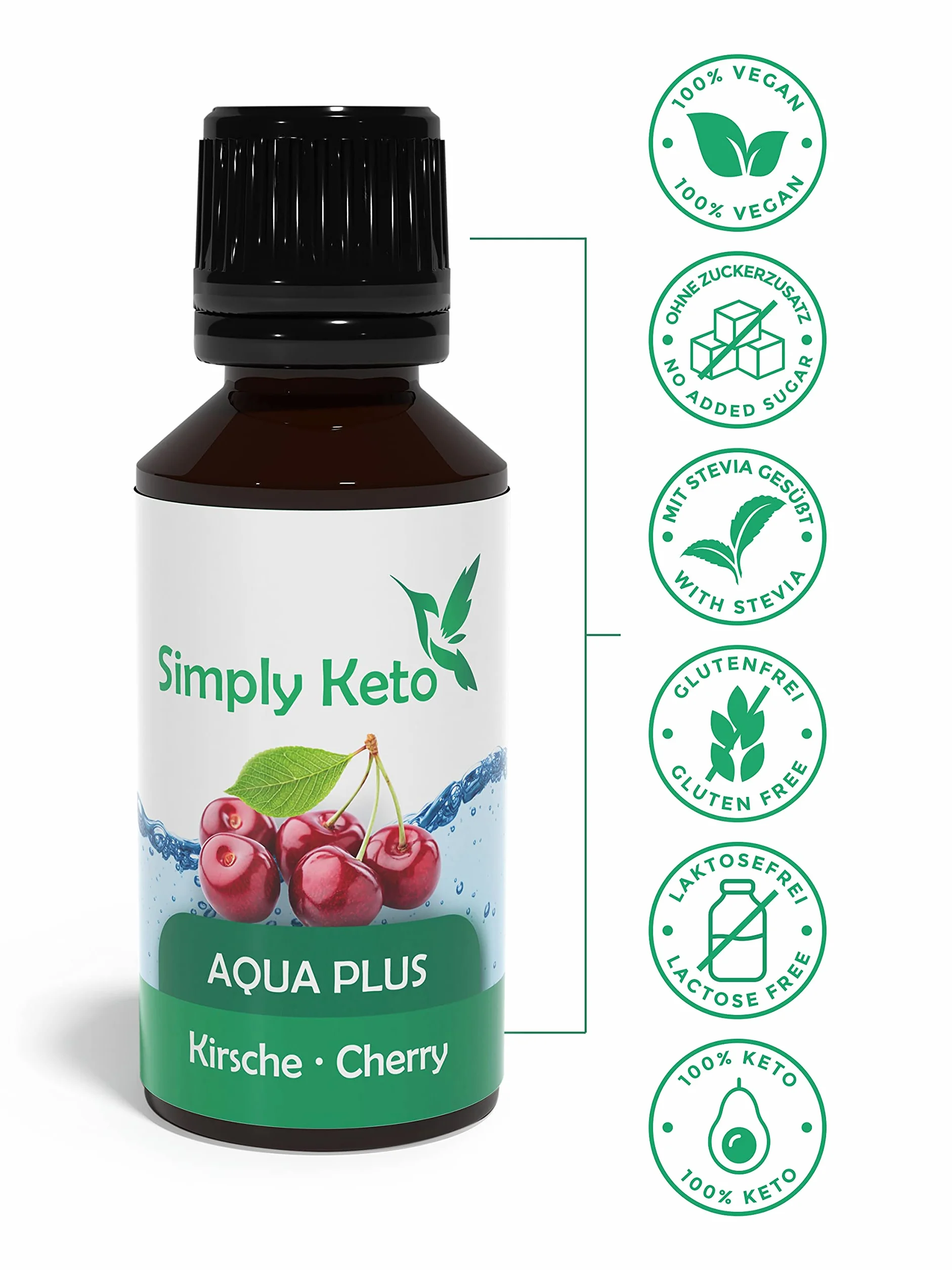 Simply Keto Gotas de sabor Aqua Plus (Cereza) 30ml - Gotas de sabor natural sin calorías - Alternativa al jarabe para 12 litros de agua con auténtico sabor - Sin aspartamo ni azúcar
