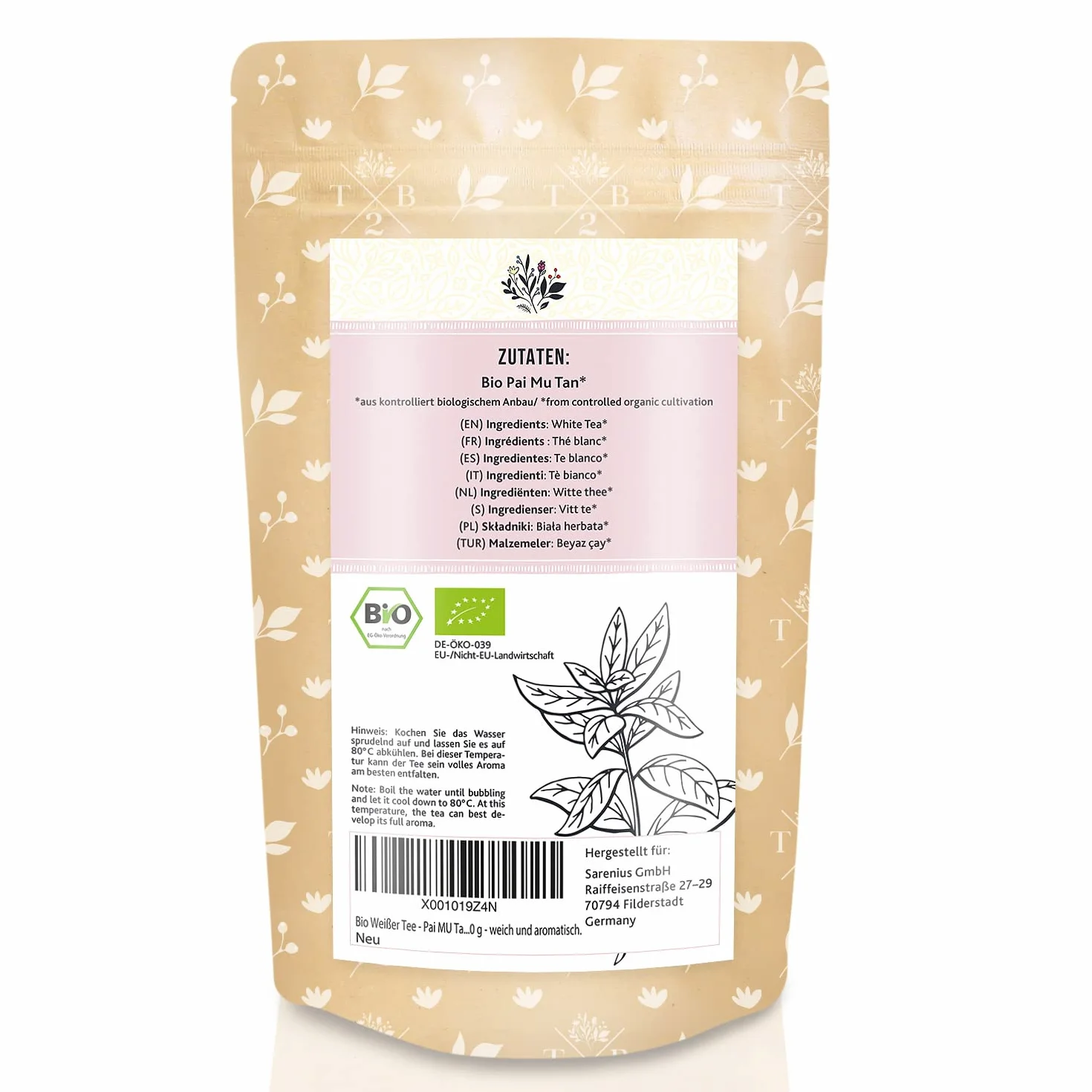 Té Blanco Ecológico - Té Pai Mu Tan. 100 g, hojas enteras - suave, fragante y aromático. (40 tazas) | Tea2Be