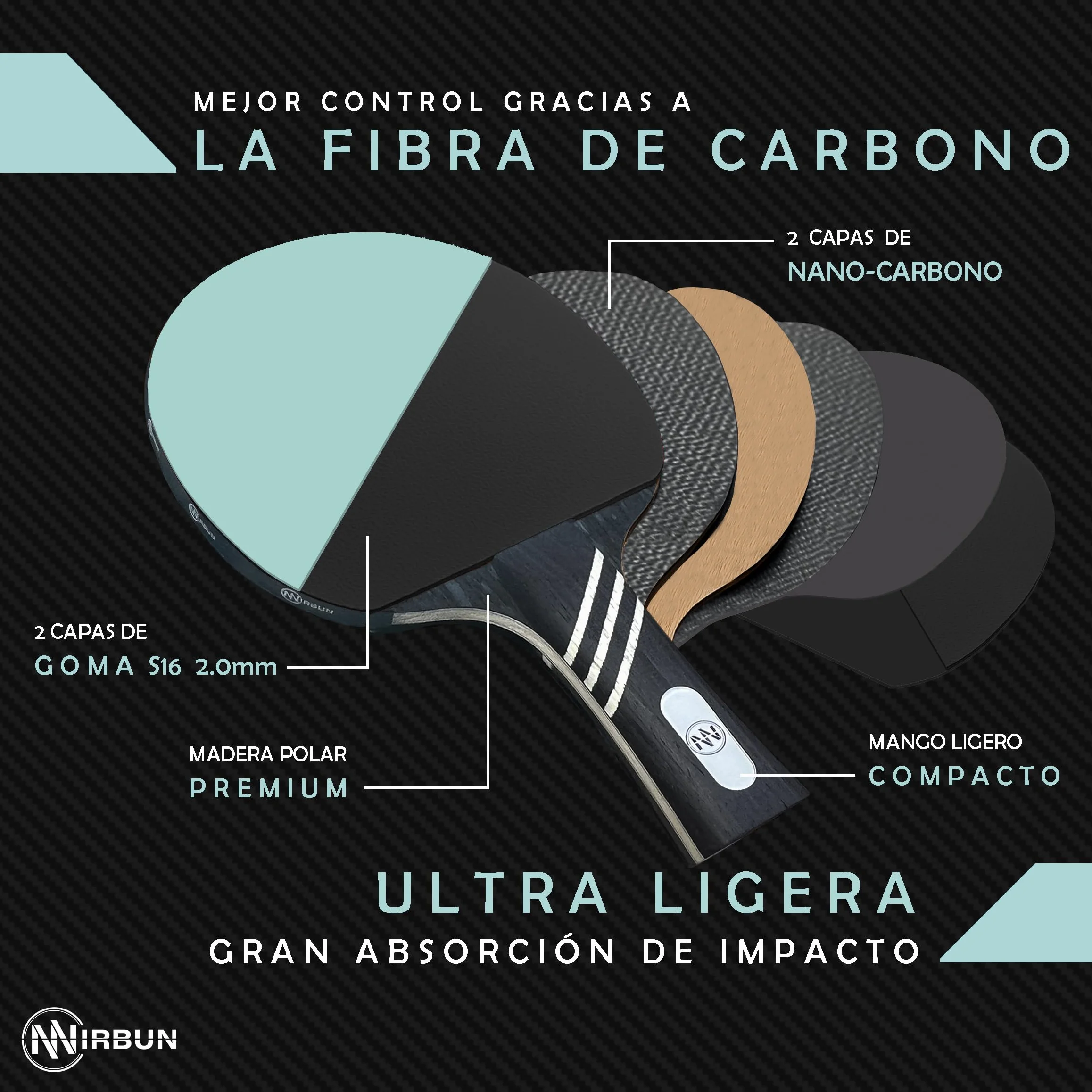 Pala de Ping Pong Profesional de Carbono Raqueta Tenis de Mesa Goma Alta Resistencia Madera Polar Carbono Funda Protectora Control Potencia Velocidad