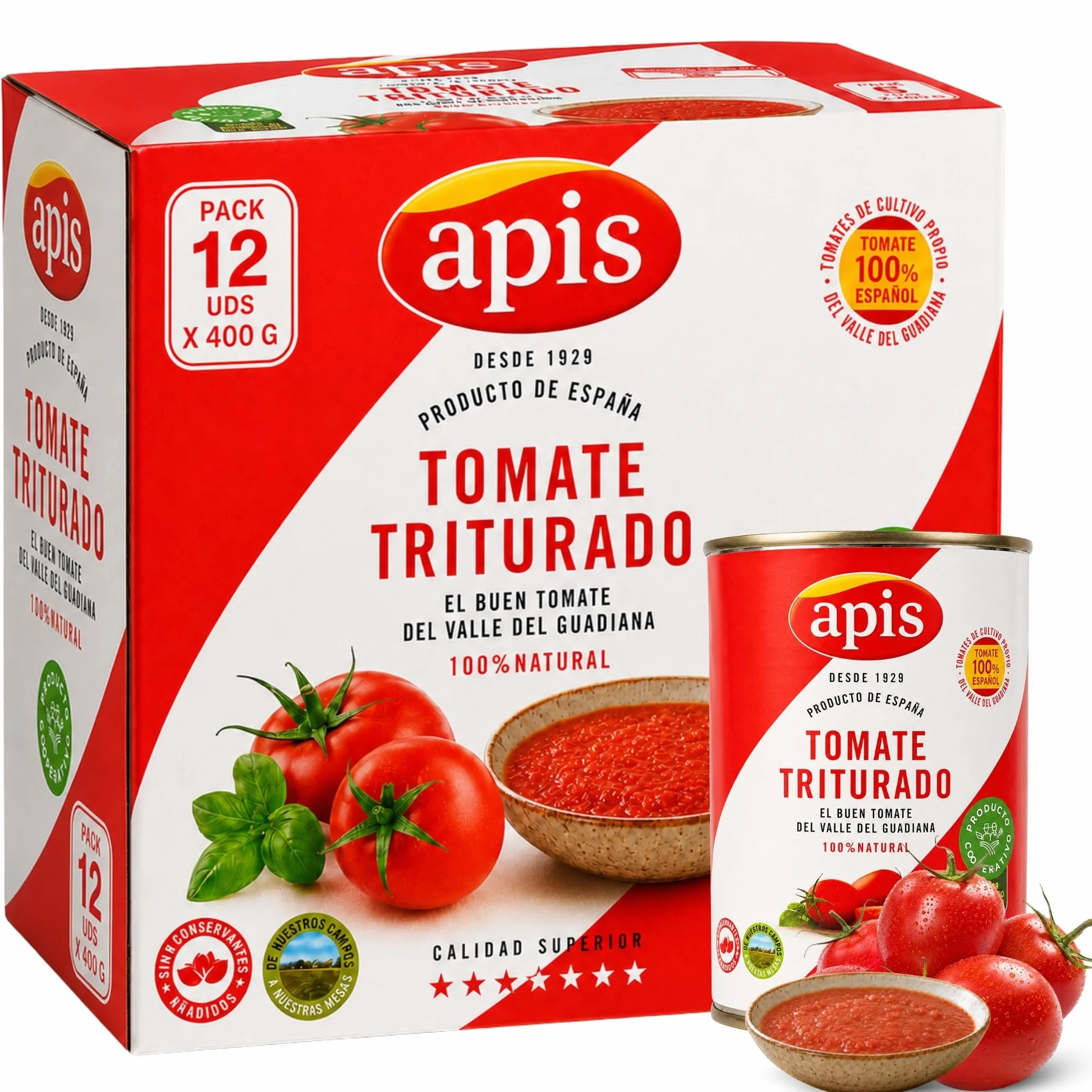 Tomate Triturado Apis, Tomate Natural en lata, Tomate 99.4%, sal y corrector de acidez, Sin Gluten, Producto Español, exquisito sabor, aroma y consistencia, Contiene 12 Latas de 400 gr