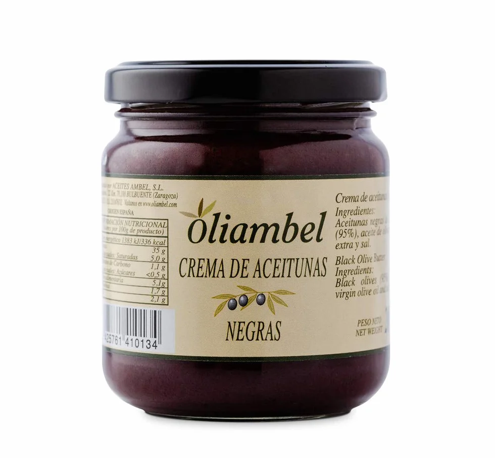OLIAMBEL - Paté de Aceitunas Negras procedentes de la Sierra del Moncayo (Aragón) - Crema de Olivas Elaborada Artesanalmente Sin Aditivos - 200gr