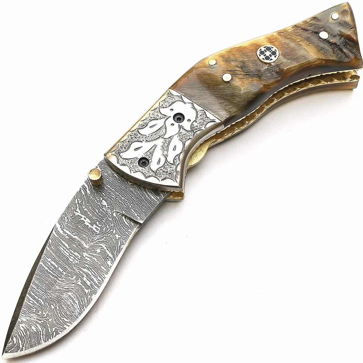 Cuchillo plegable navaja de bolsillo acero Damasco funda cuero artesanal forjado a mano