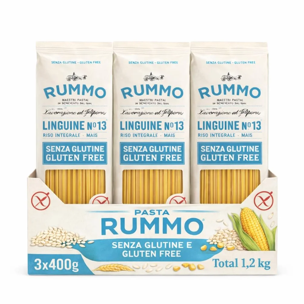 Linguine Rummo Nº13, Pasta Italiana, Pasta sin gluten, Pasta alimenticia con harina de arroz integral y maíz, Sin gluten, Elaboración lenta, 3 Paquete de 400 gr