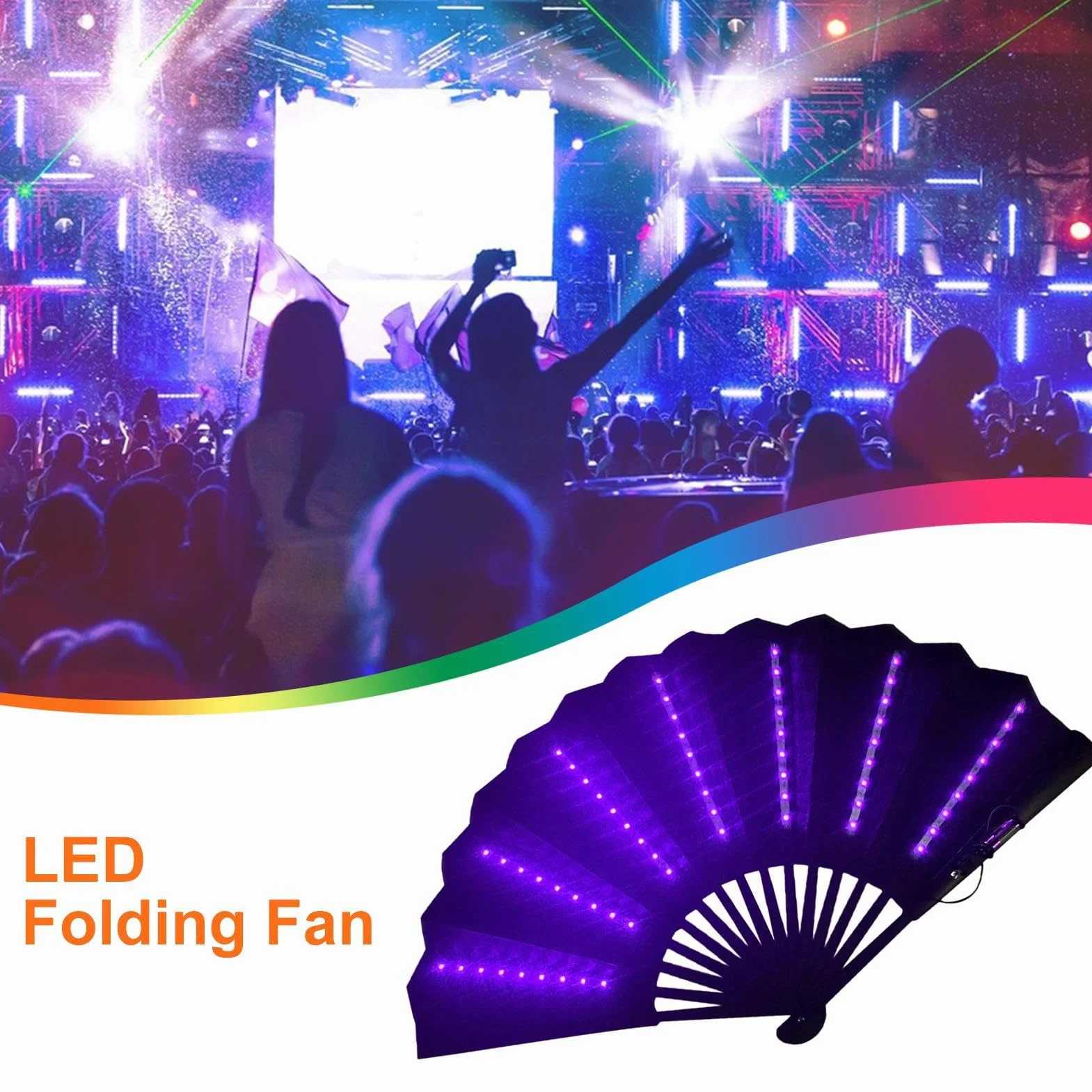 Ventilador de mano plegable LED portátil con luz, ventilador a pilas para festivales (morado)