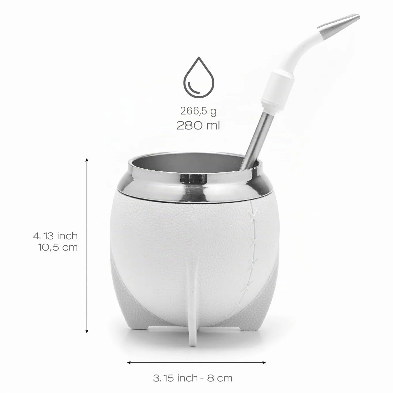 balibetov Mate Argentino - Set elegante y duradero con un Mate Torpedo de Acero Inoxidable, Bombilla y Cepillo de Limpieza (Blanco)