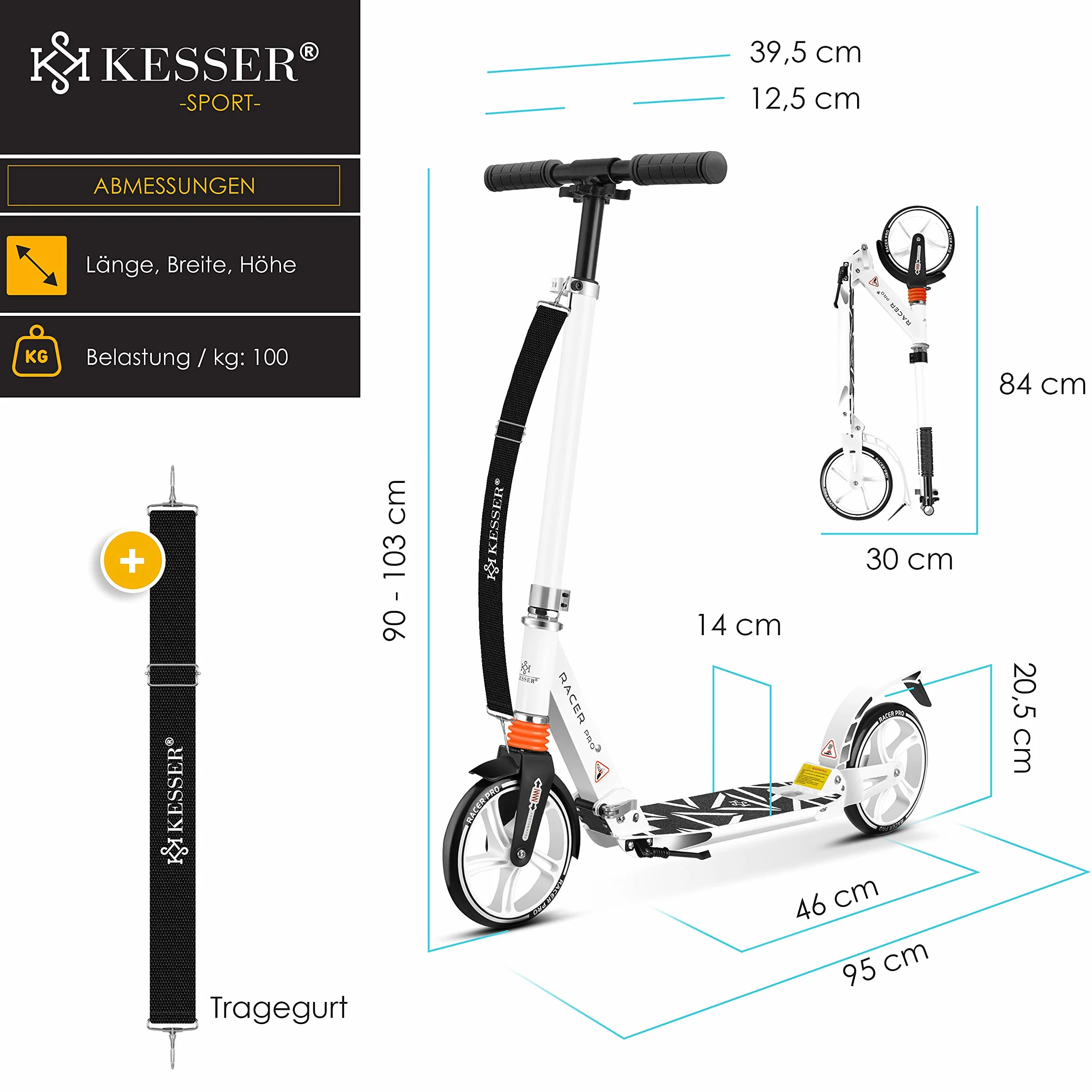KESSER City Scooter 205 mm Ruedas PU Big Wheel Pro-S Kick Scooter Doble Suspensión Plegable Regulable en Altura