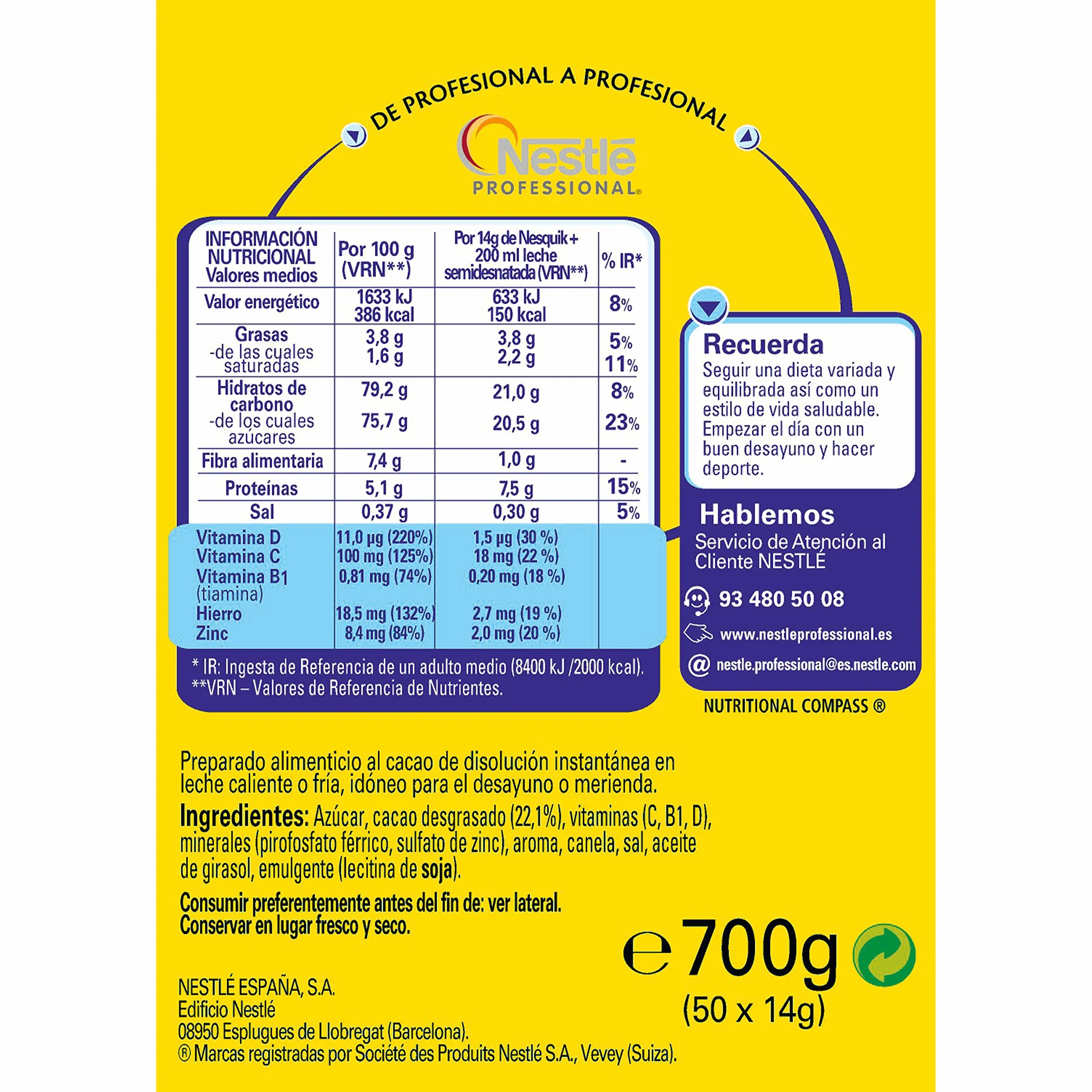 Nesquik cacao soluble instantáneo - 1 paquete x 50 sobres de 13,5 g - Total: 675 g