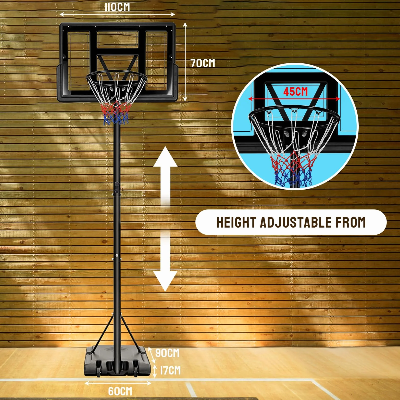 Canasta de Baloncesto Exterior Ajustable 230-305 cm Portátil Tablero Irrompible 110 cm Negro