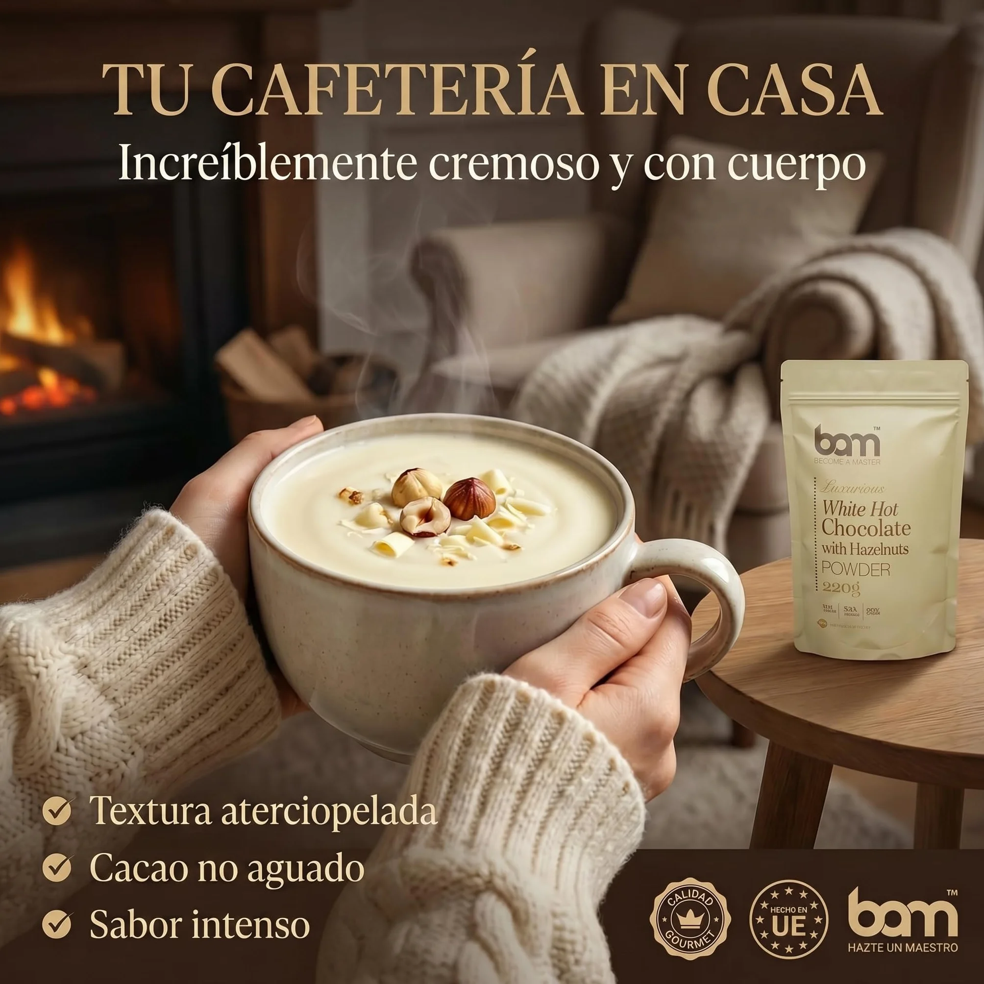 BAM Chocolate Blanco a la Taza con Avellanas, 220 g – Chocolate Caliente en Polvo – Preparado para Bebida Suave y Cremosa con Cuchara Medidora
