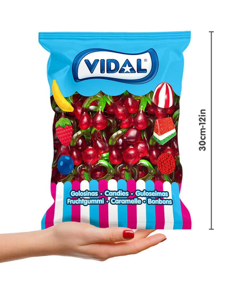 Vidal Golosinas. Cerezas Gigantes. Golosinas en forma de cereza tamaño XL con sabor auténtico a cereza, textura brillante y blandita. Sin gluten ni grasa. Bolsa 1 kg