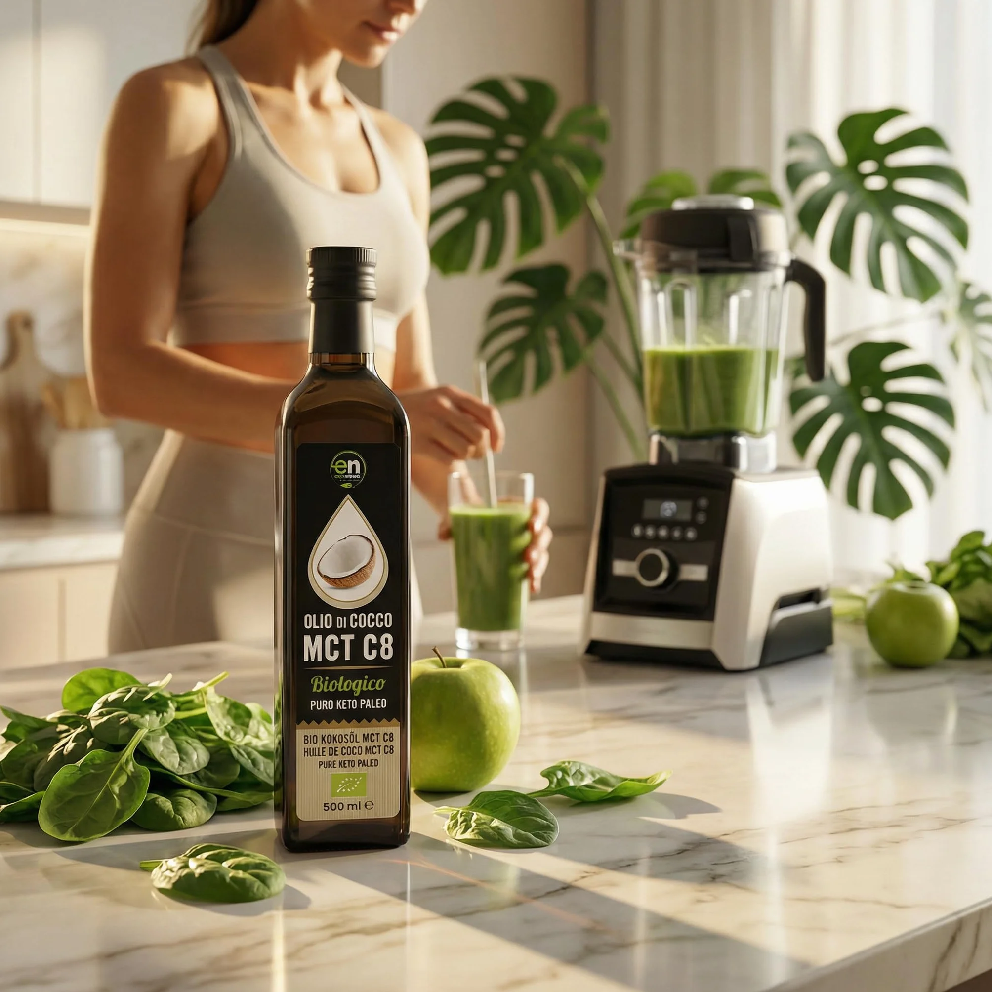 Exponatura Aceite MCT C8 Orgánico 500 ml - 100% Extracto de Aceite de Coco, Ácido Caprílico Puro - Energía Natural para Dieta Keto y Paleo - Vegano
