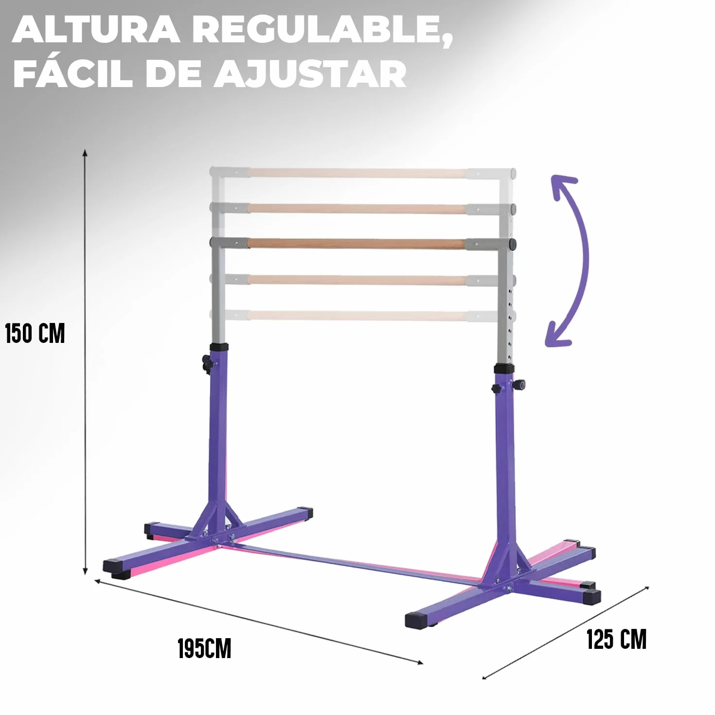 Gym Bar Barra Gimnasia Infantil Violeta Anillas Rosas 13 Niveles Ajustables 90-150 cm Acero Madera Haya Correas Antideslizantes Fitness