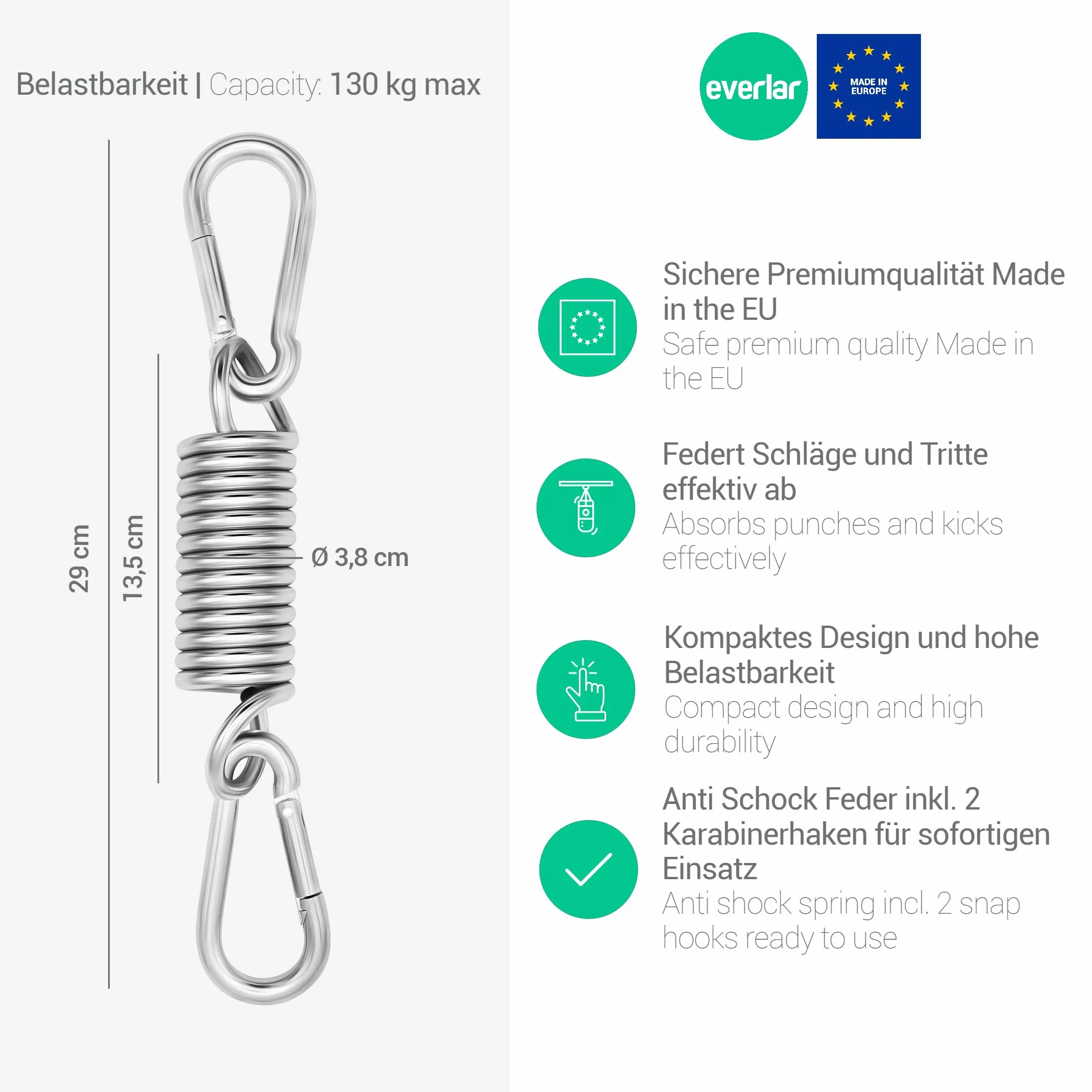 Saco de boxeo antichoque con muelle 130 kg Made in EU