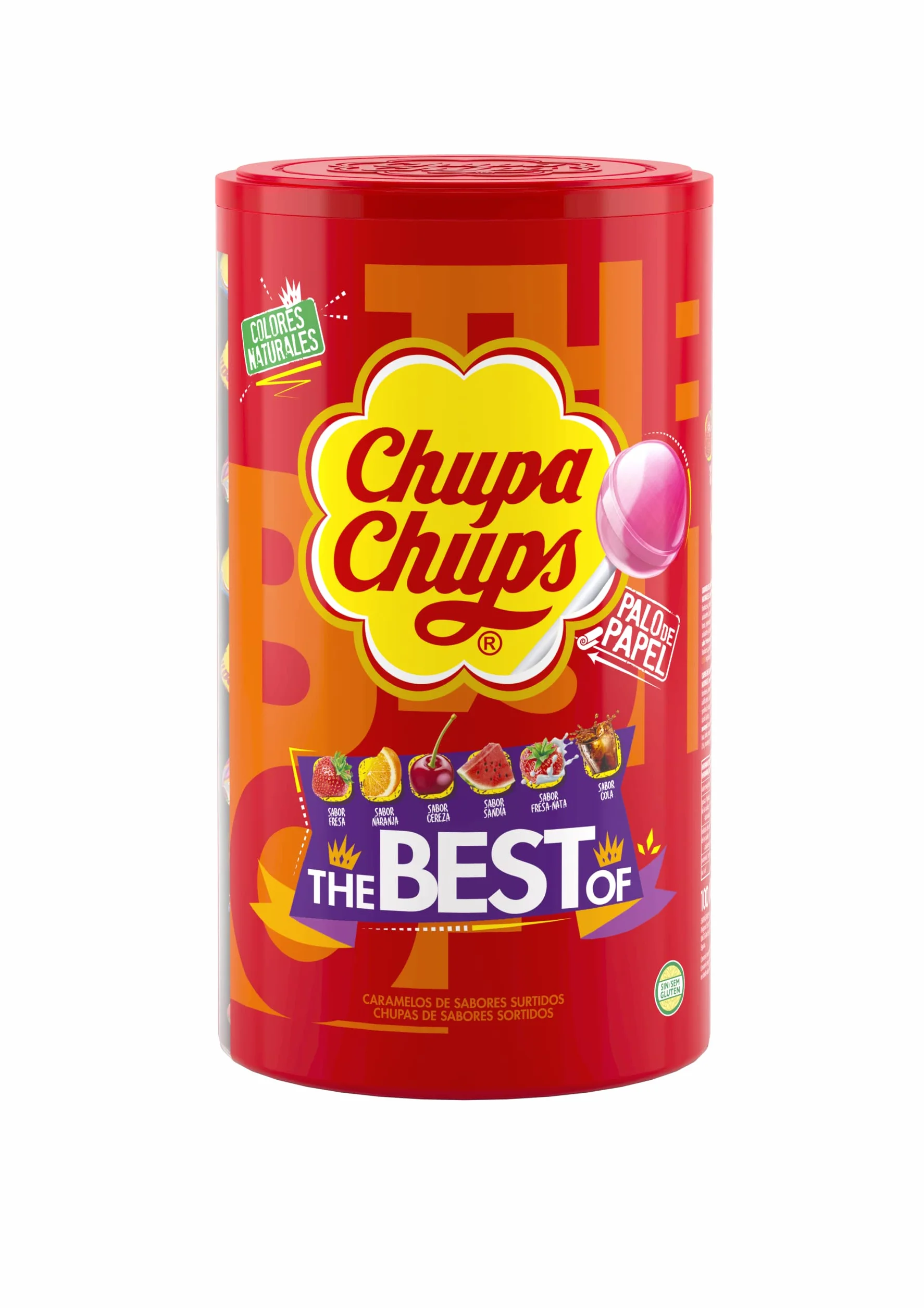 Chupa Chups Caramelos con palo de sabores surtidos: Nata/Fresa, Cola, Sandía, Cereza, Naranja, 12 g (Paquete de 100)