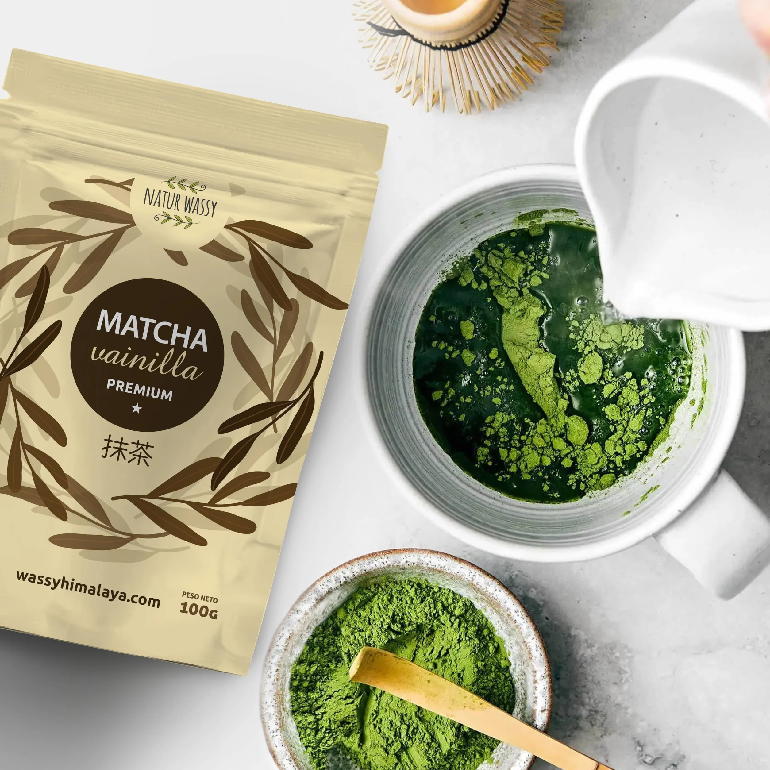 NATUR WASSY Te Matcha VAINILLA, Grado PREMIUM, En Polvo. 100% Natural. 100Gr De Te Verde Matcha Sabor a Vainilla, Potente Detox Y Antioxidante. 100 Dosis