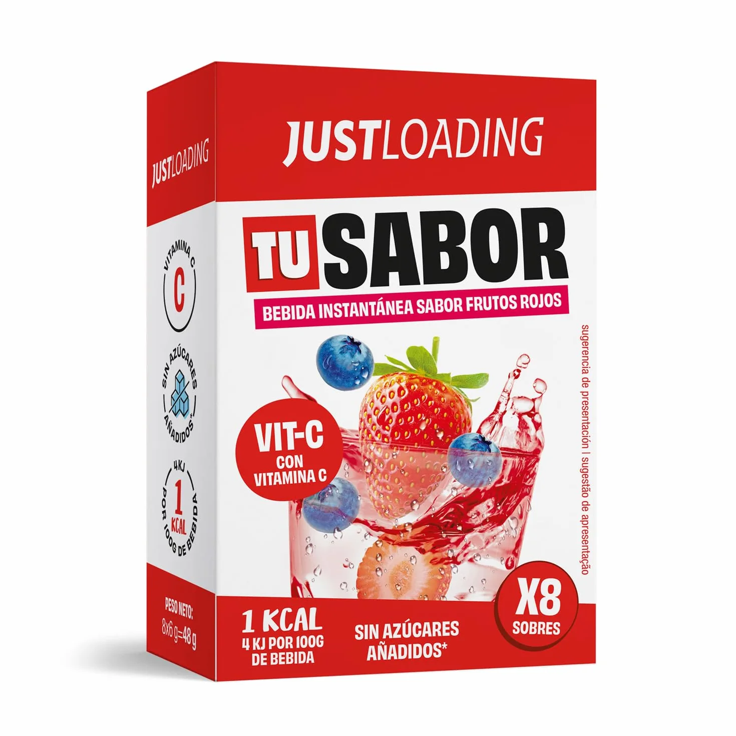 JustLoading saborizante de agua sin azúcares añadidos sabor frutos rojos - Monodosis = 1 litro de bebida - Sólo 1 kcal/vaso- Con Vitamina C - Sin gluten - Polvos para saborizar 56 l de agua (56x6g)