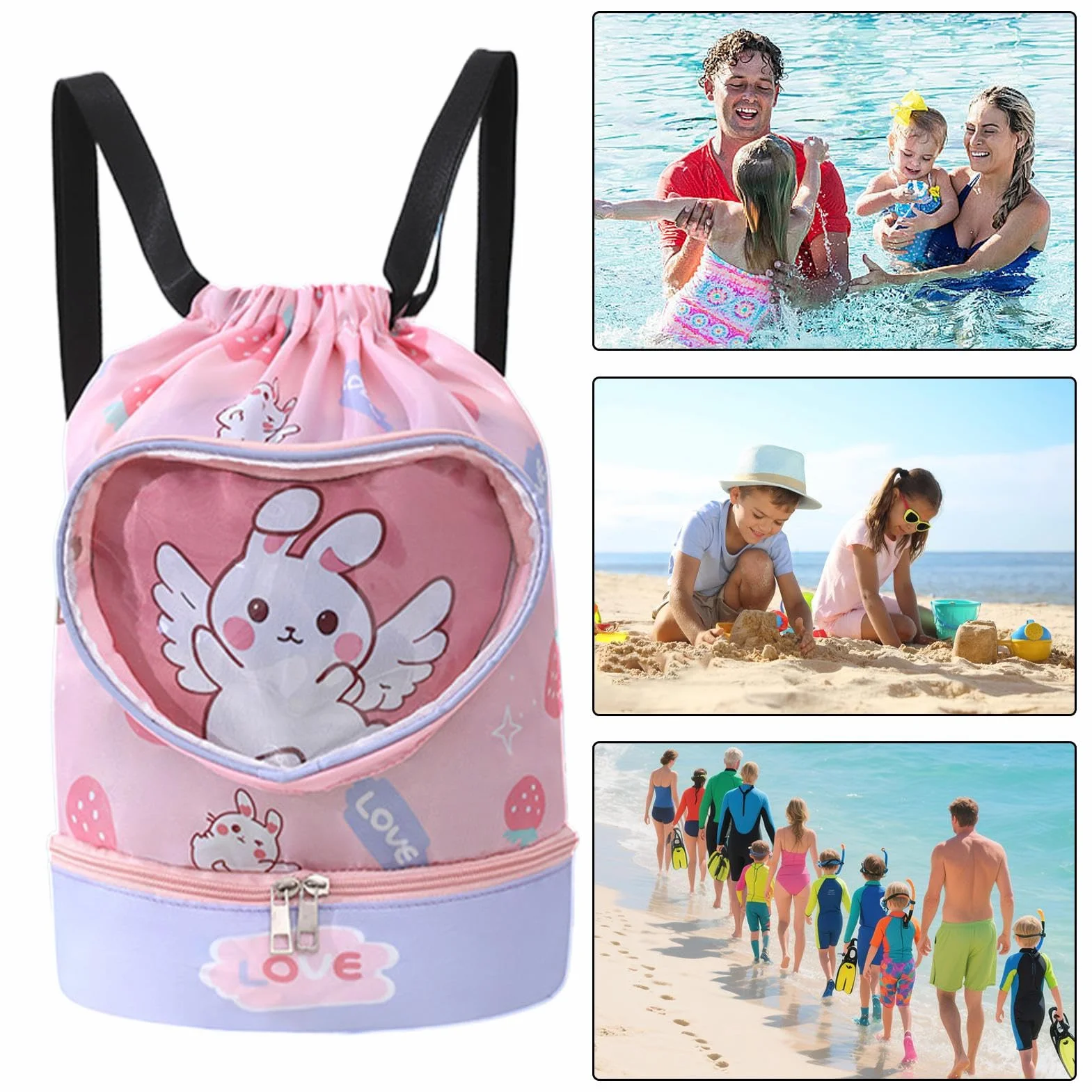 Genérico Kids Pool Bag Waterproof Cartoon Swim Backpack 14.17x11.81 Inches Lightweight Drawstring Dry Wet Separation Quick-Dry Multicolor