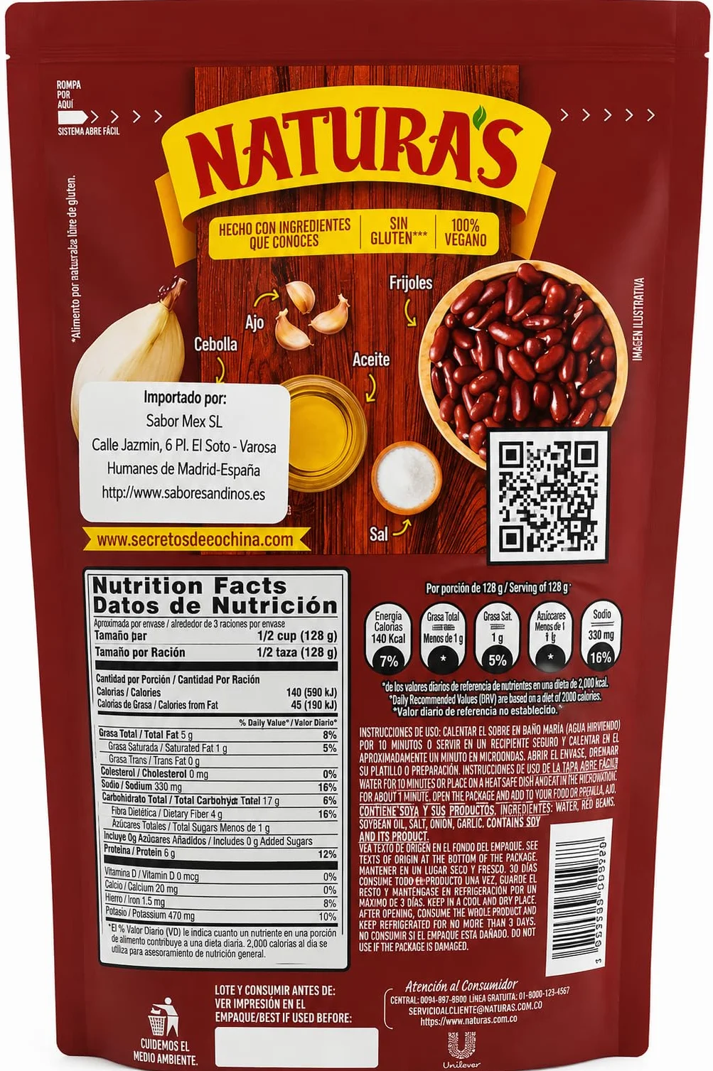 FRIJOLES ROJOS VOLTEADOS MOLIDOS - NATURAS - REFRIED RED BEANS - 380 GRAMOS