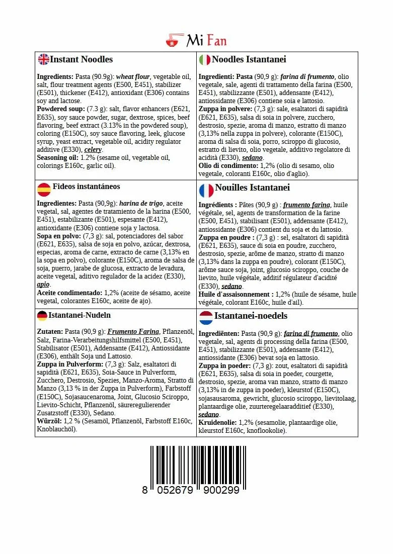 MiFan Ramen Box 15 Paquetes Fideos Instantáneos 5 Sabores