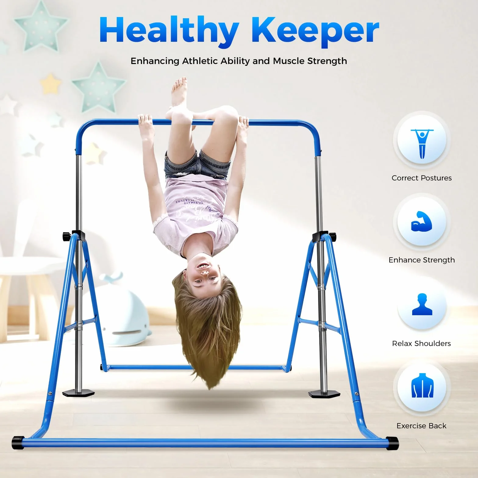 Barra de gimnasia para niños ajustable 5 alturas 100 kg azul