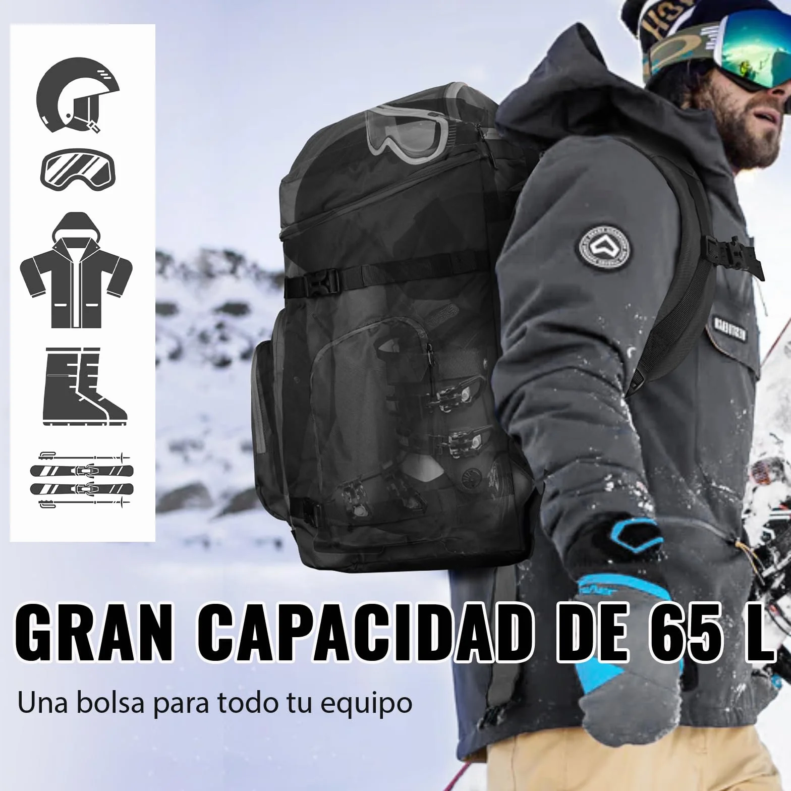 YOREPEK Mochila Bolsa Botas Esqui 65L Impermeable Casco Snowboard Negro